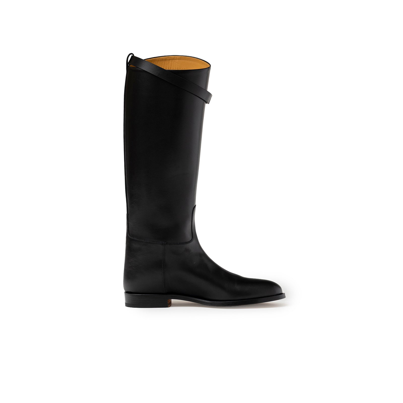 Side view of Hermès Kelly Jumping Boot Black Box Palladium Plated showing smooth calf leather and slim silhouette