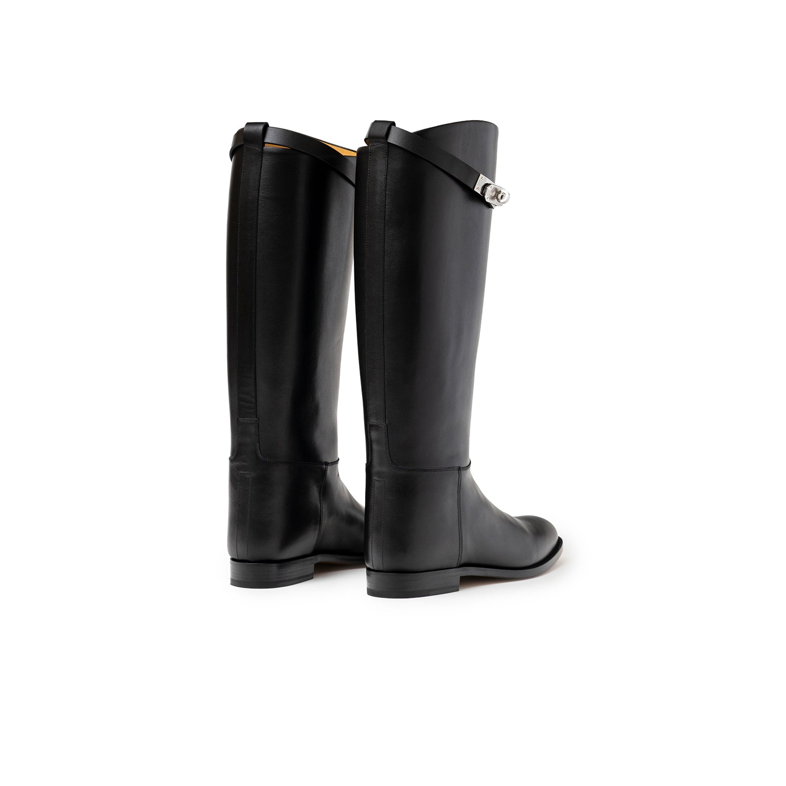 Rear angled view of Hermès Kelly Jumping Boot Black Box Palladium Plated showing smooth leather and hardware detail