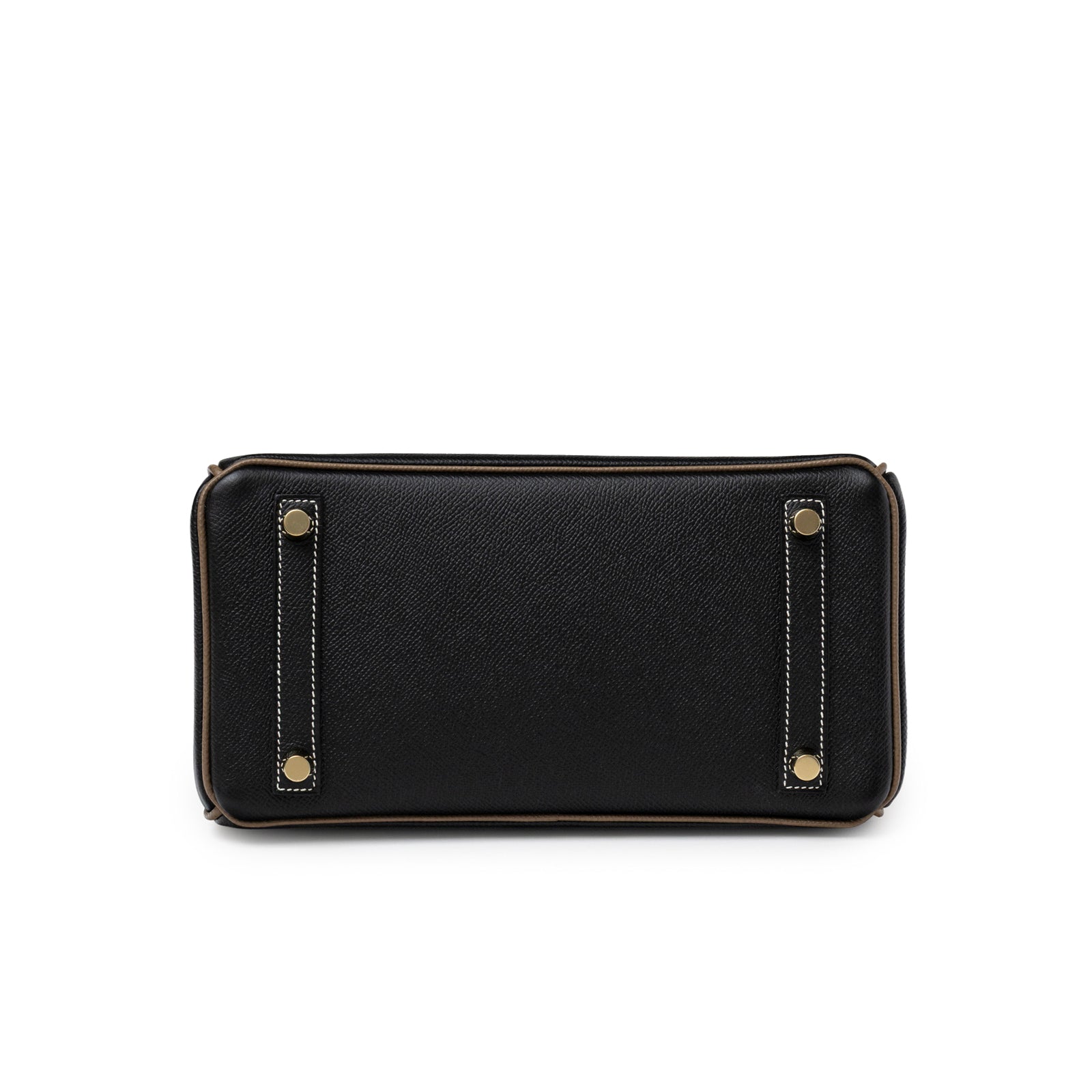 Bottom view of Hermès Special Order HSS Horseshoe Birkin 25 Black/Etoupe Epsom Gold Hardware showing leather and gold feet