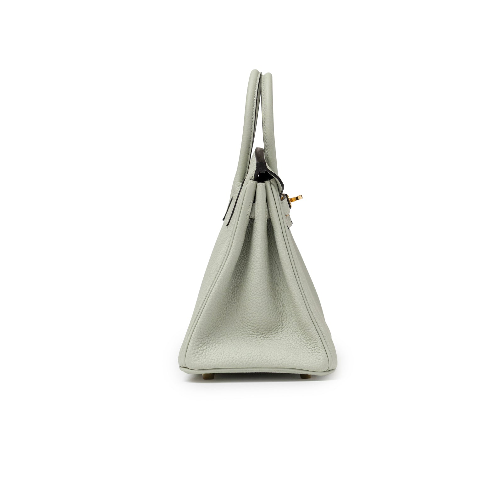 Side profile of Hermès Birkin 25 Gris Neve Togo Gold Hardware showing textured leather and structured shape