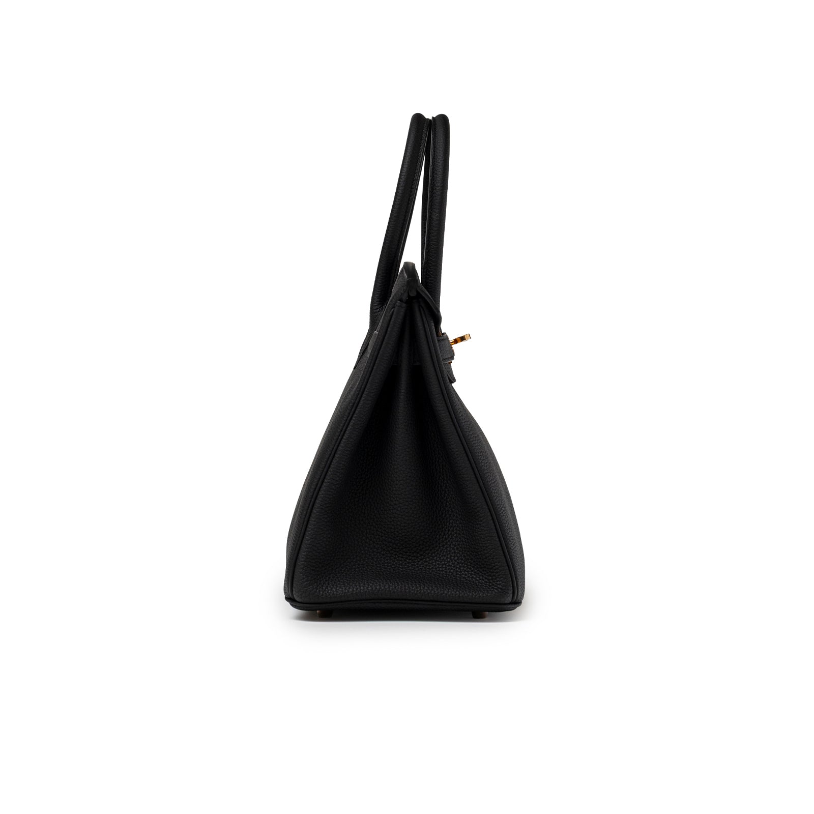 Side view of Hermès Birkin 30 Black Togo Rose Gold Hardware showing textured leather and handles upright