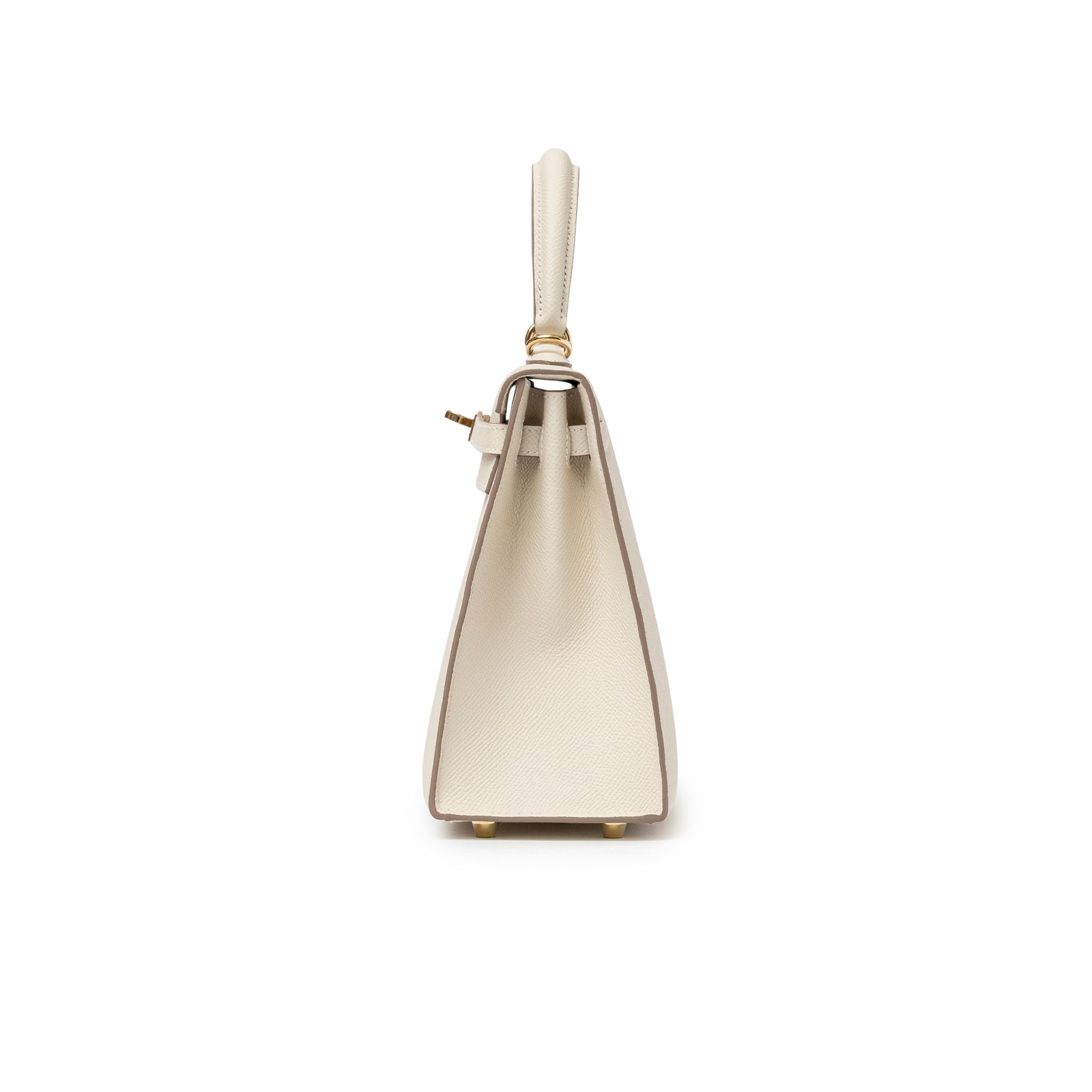 Side view of Hermès Kelly 25 Sellier Epsom Craie Permabrass Hardware showing structured silhouette and handle details
