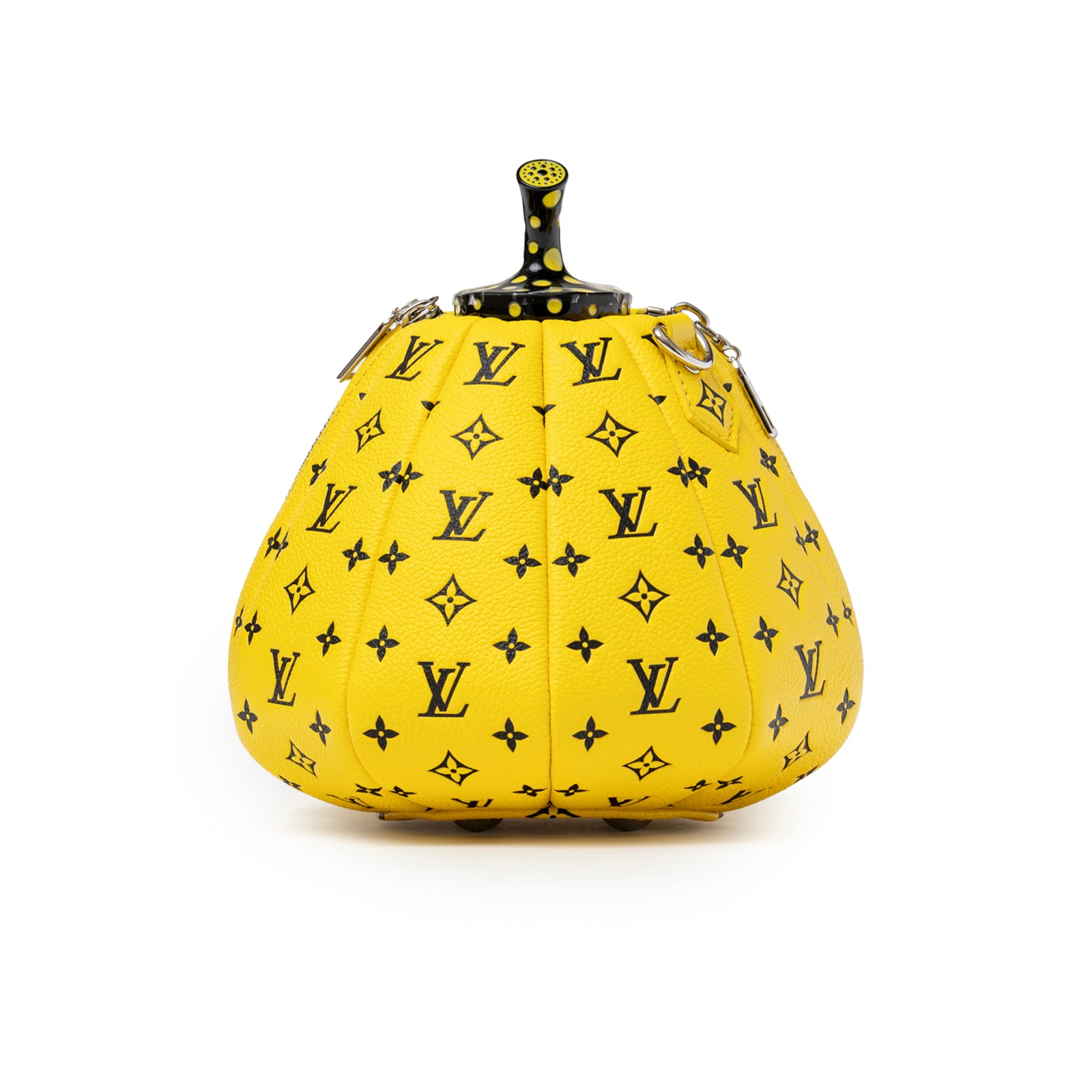 Side view of Louis Vuitton X Yayoi Kusama Limited Edition Yellow/Black Leather Pumpkin Bag with monogram pattern