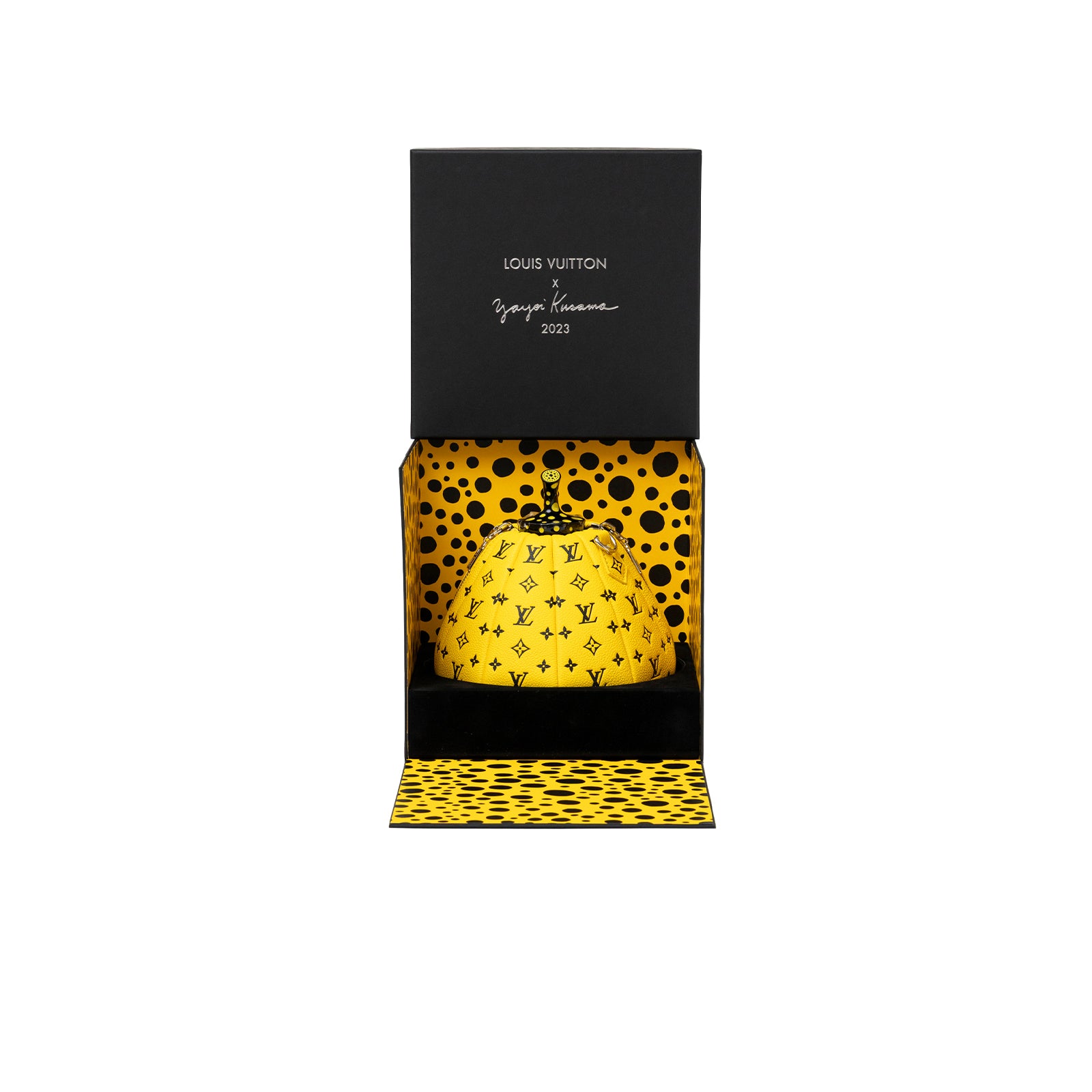 Front view of Louis Vuitton X Yayoi Kusama Limited Edition Yellow/Black Leather Pumpkin Bag in branded box with polka dot interior