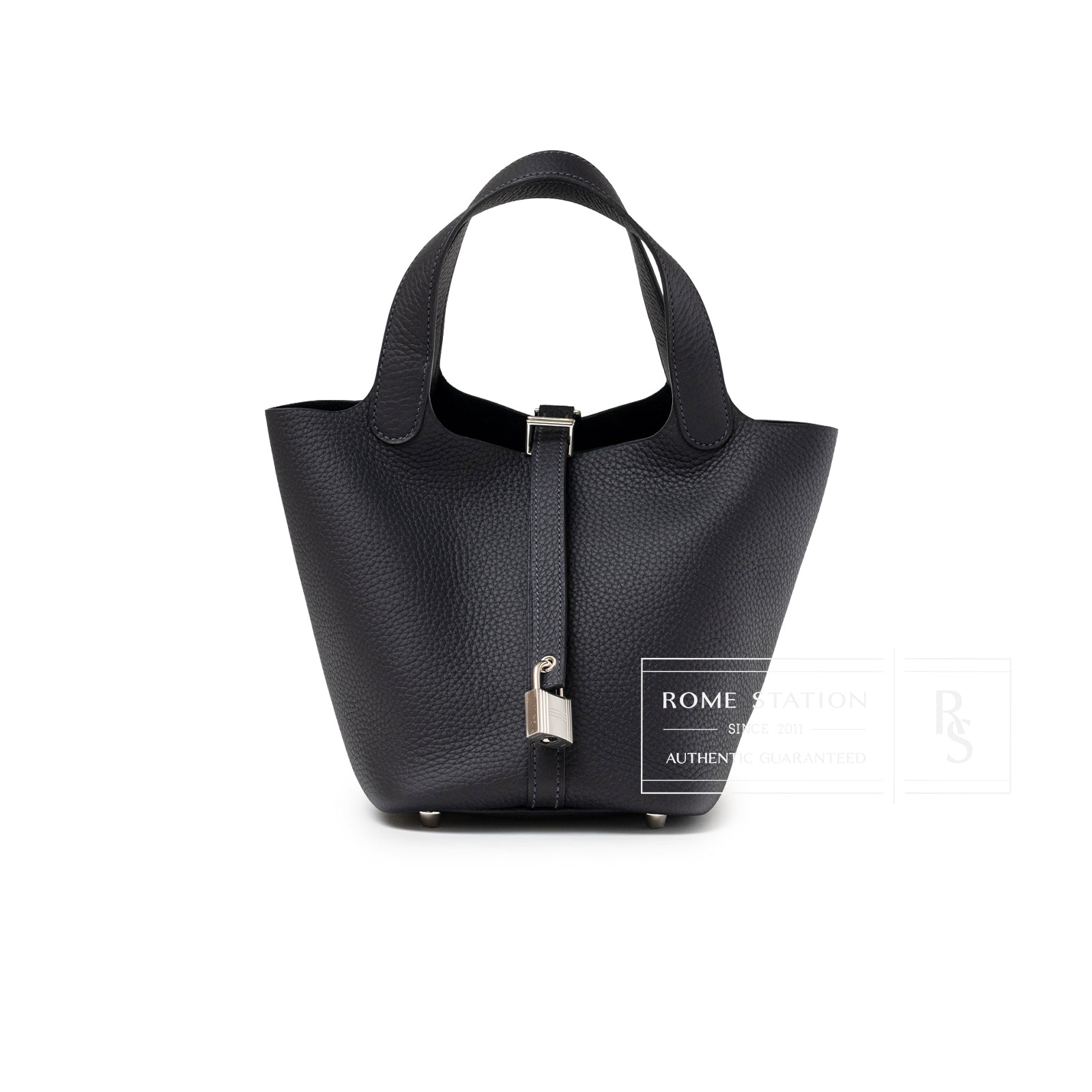 Front view of Hermès Picotin 18 Plomb Clemence Palladium Hardware with lock and rounded handles detail