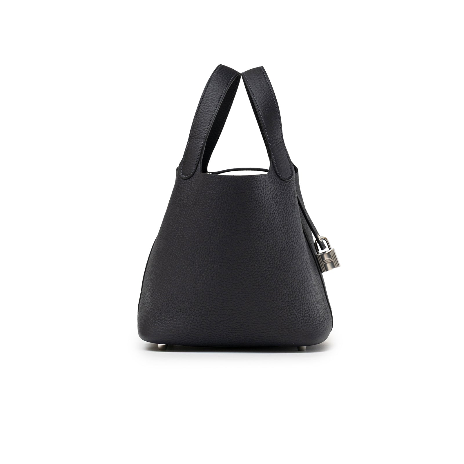 Side view of Hermès Picotin 18 Plomb Clemence Palladium Hardware with lock and smooth leather texture