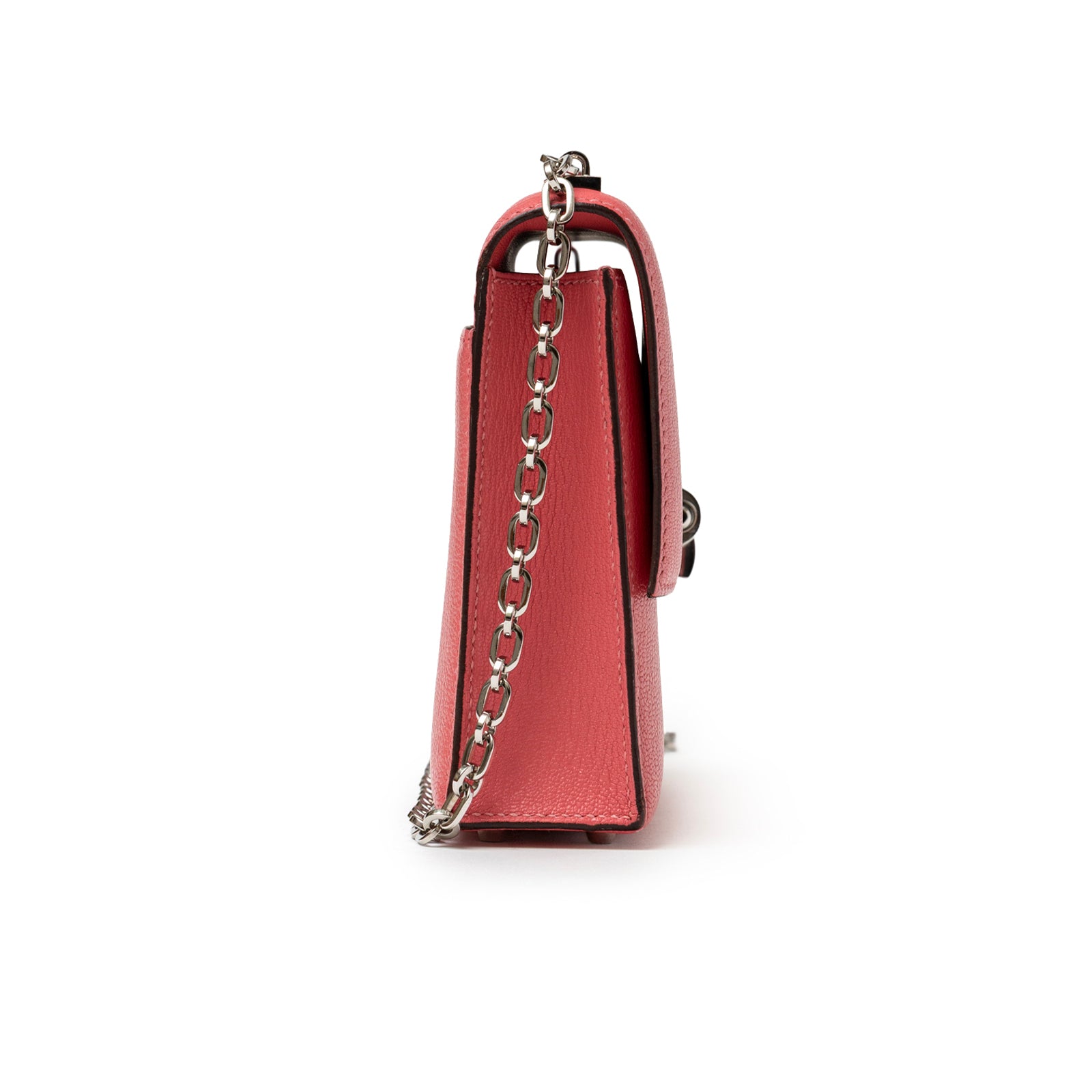 Side view of Hermès Mini Verrou Chaine Bag Rose Azalee Chevre Mysore with palladium hardware chain strap