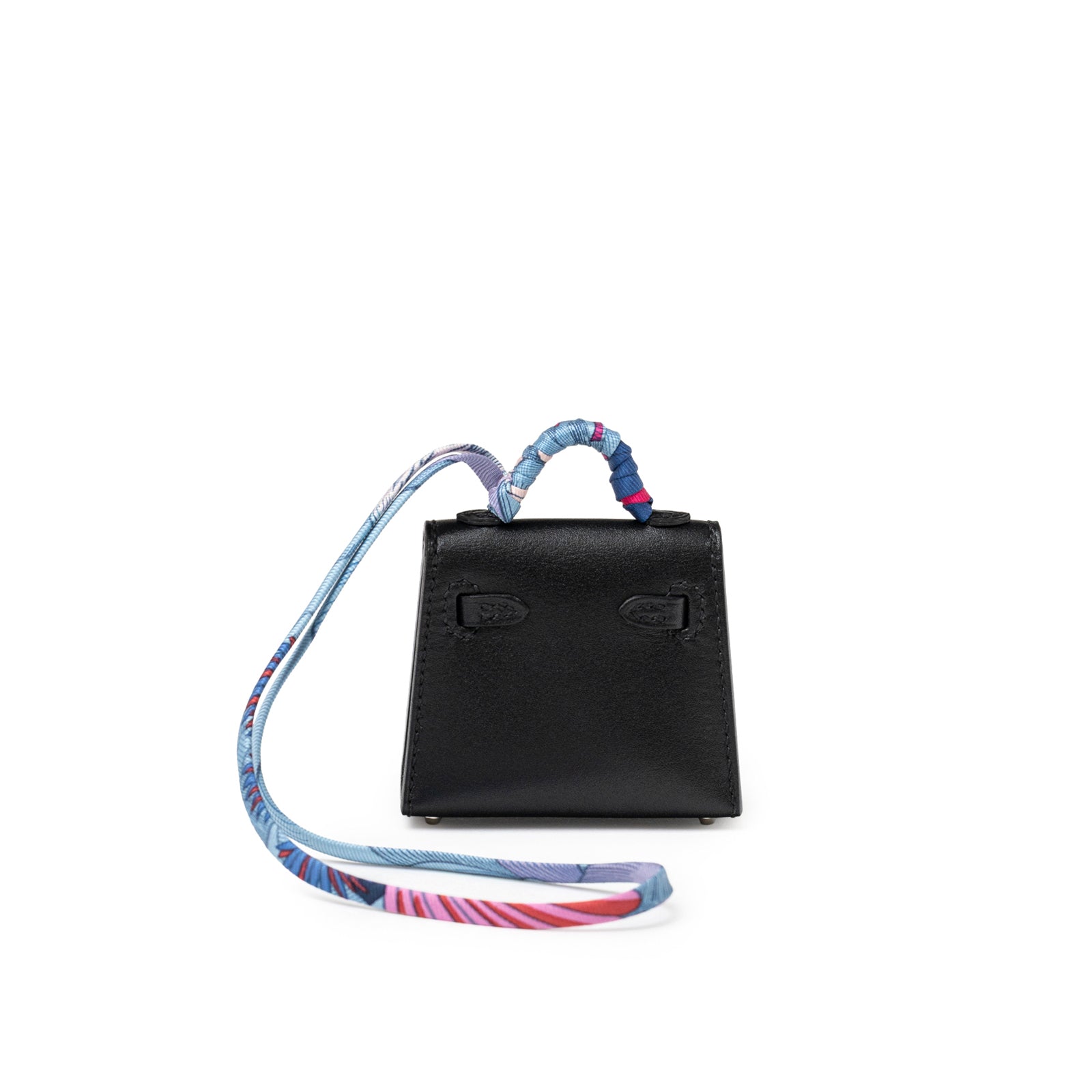 Back view of Hermès Mini Kelly Twilly Bag Charm Black Tadelakt with wrapped handle and palladium hardware