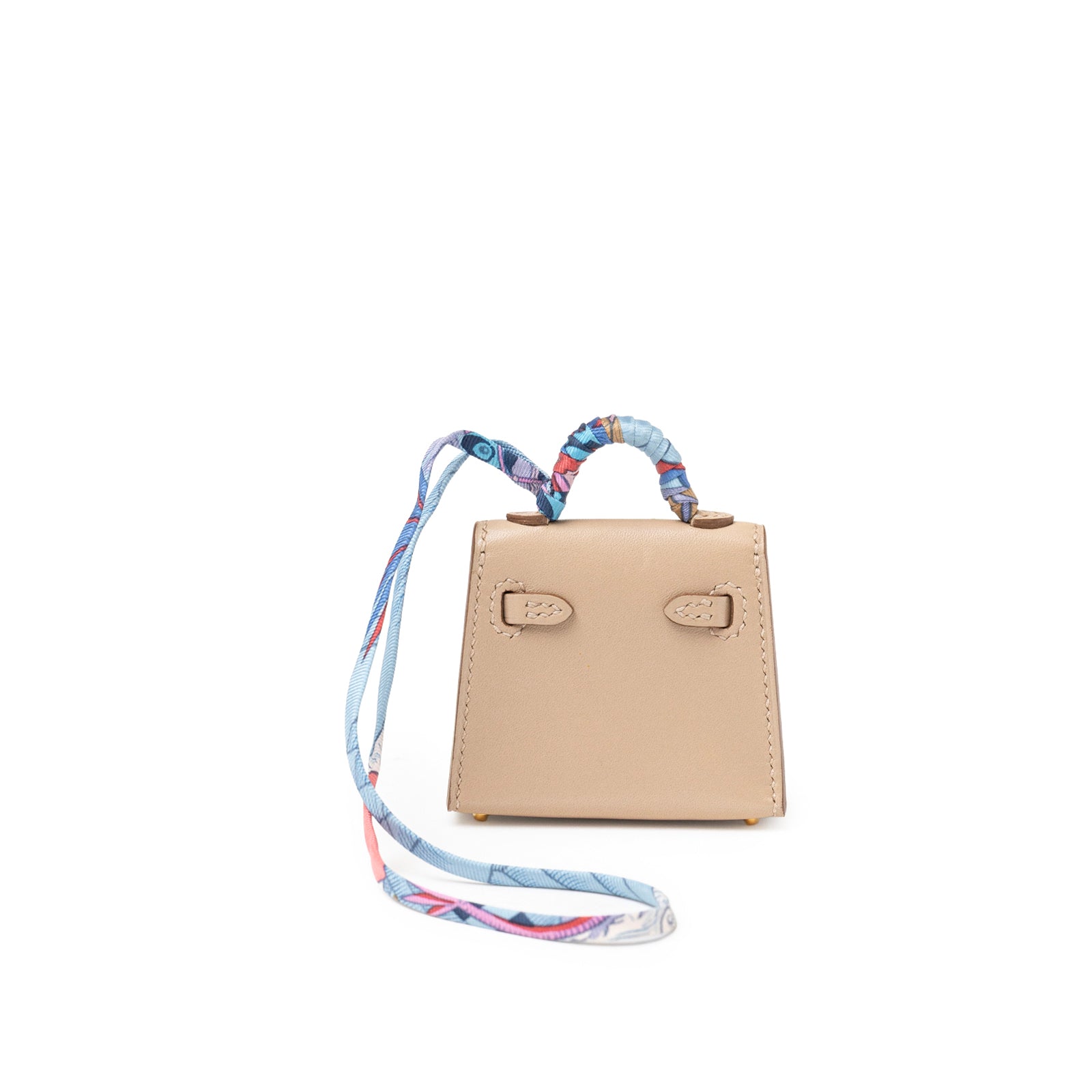 Back view of Hermès Mini Kelly Twilly Bag Charm Argile Tadelakt Gold Hardware with colorful twilly wrapped handle