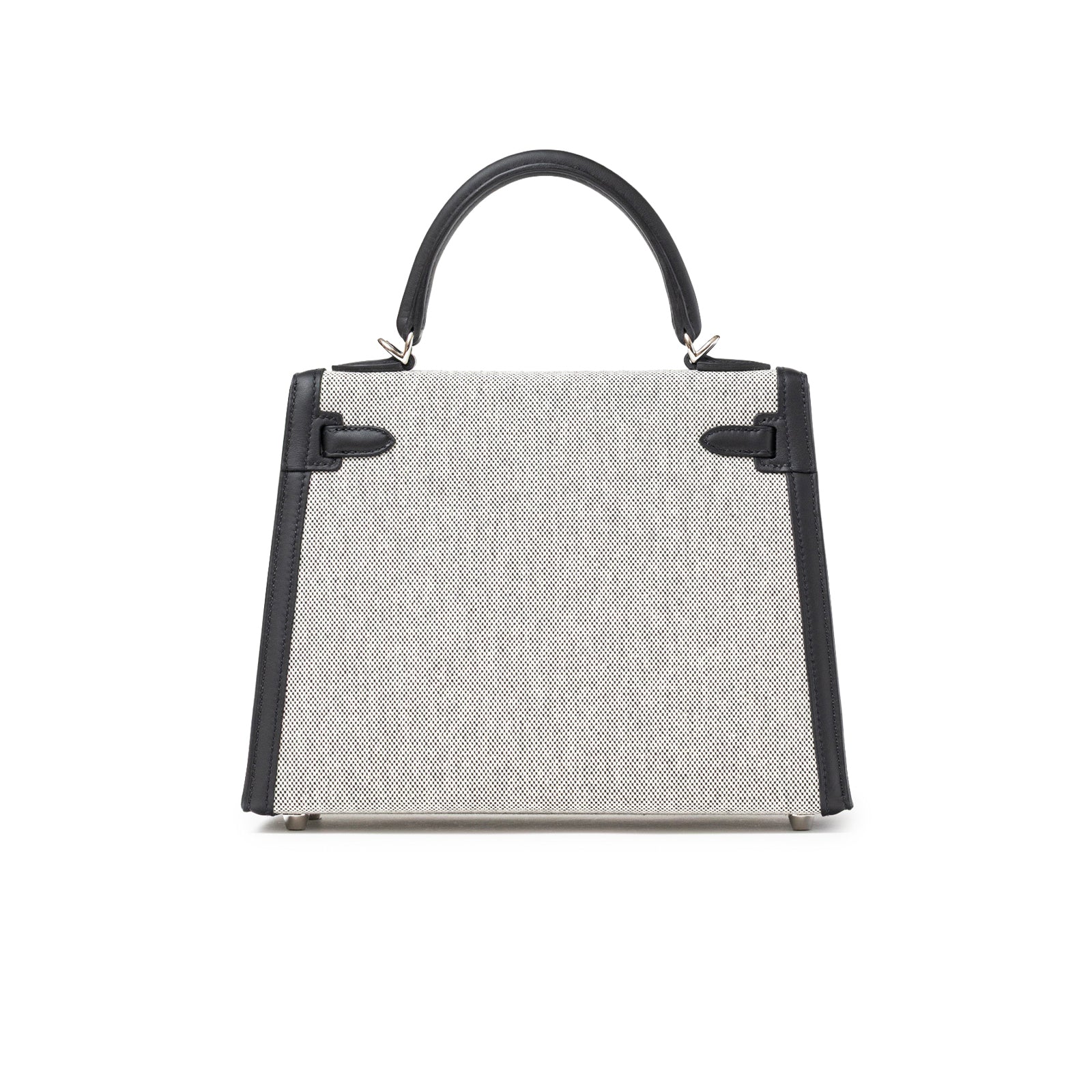 Back view of Hermès Kelly 25 Sellier Ecru Black Swift Toile H Canvas Swift Palladium Hardware handbag