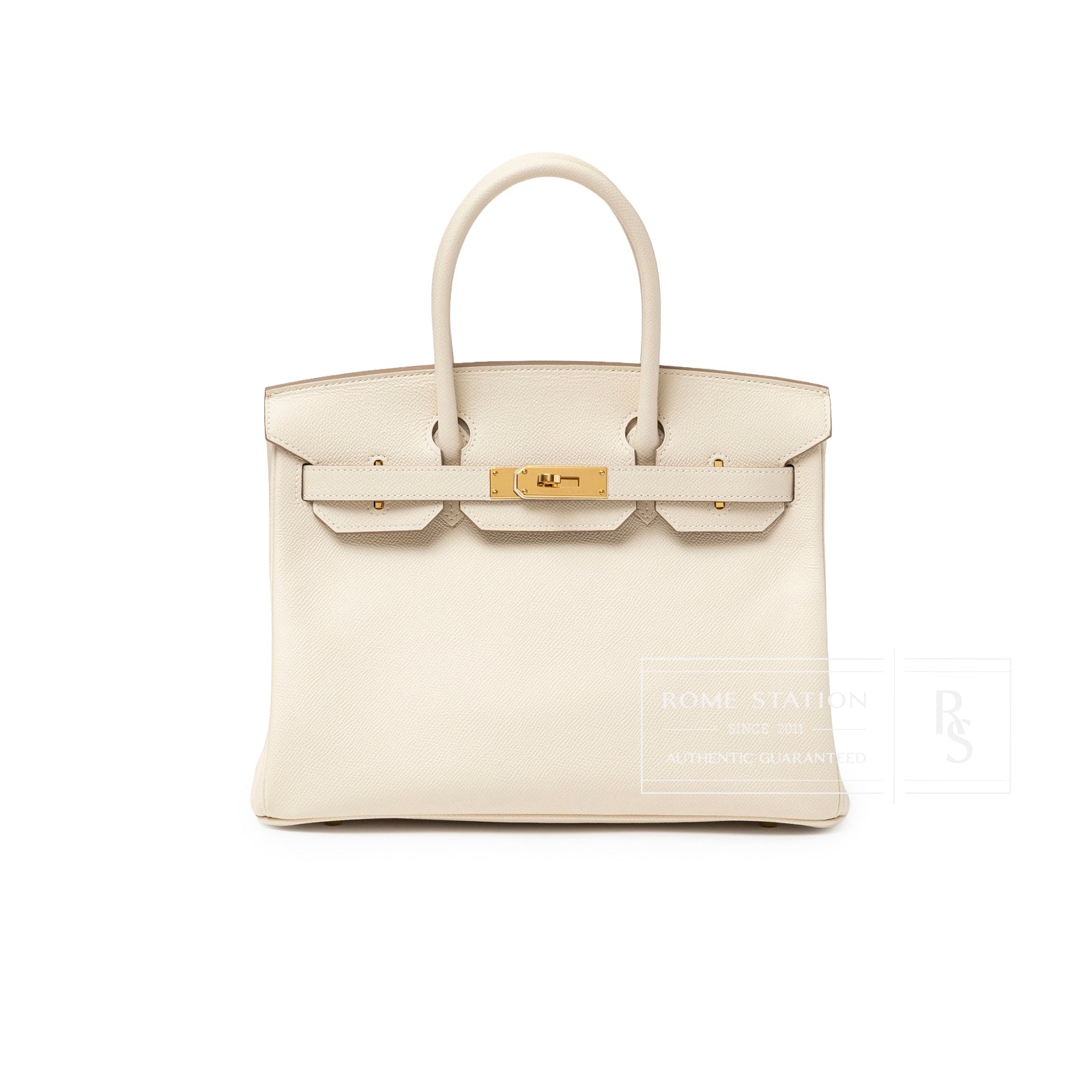 Front view of Hermès Birkin 30 Craie Epsom Gold Hardware with clean backdrop and visible gold clasp details