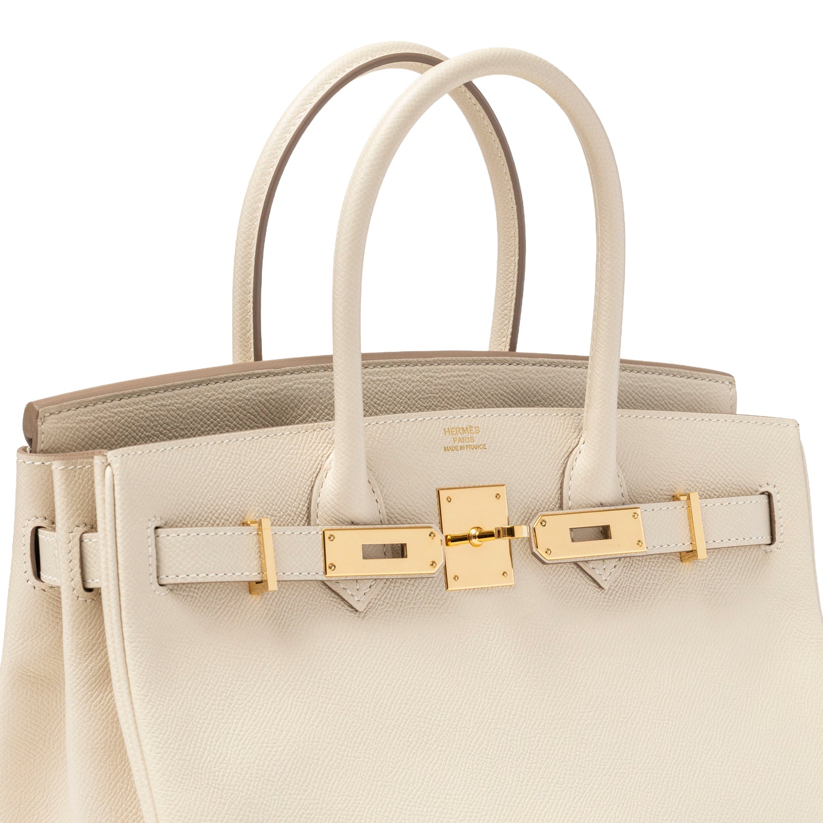 Close-up front view of Hermès Birkin 30 Craie Epsom Gold Hardware highlighting clasp and handles