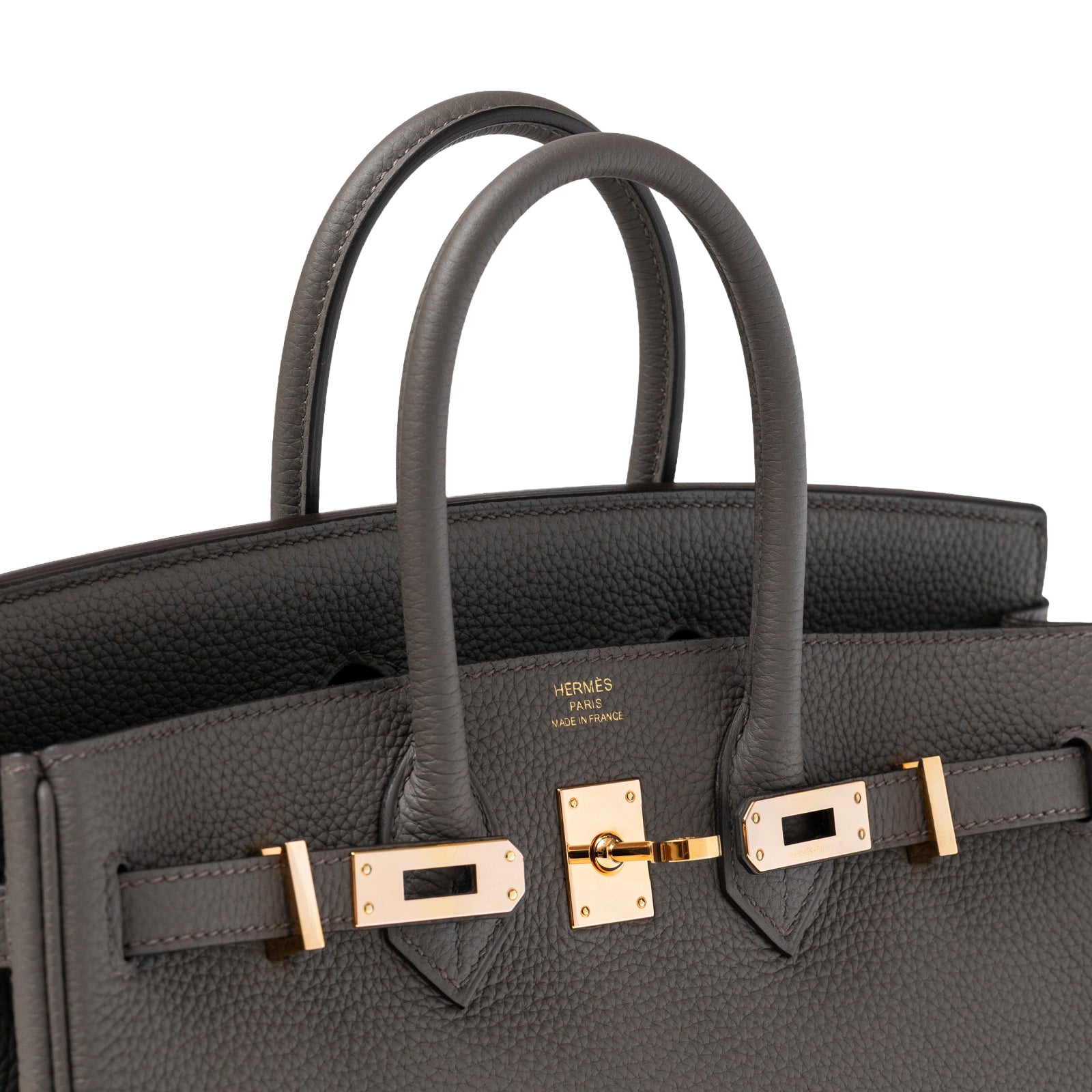 Close-up of top front handles and rose gold hardware on Hermès Birkin 25 Etain Togo Rose Gold Hardware handbag