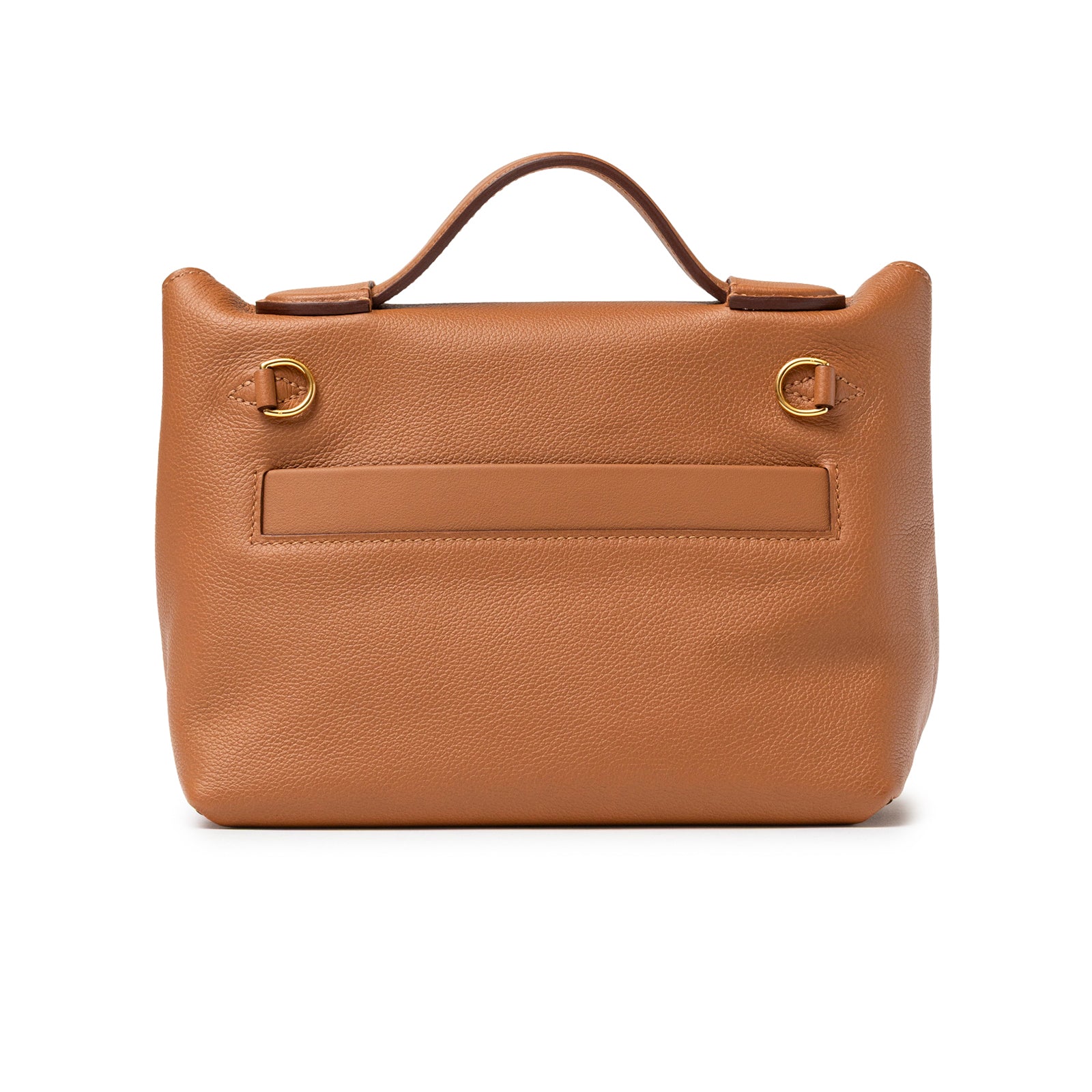 Back view of Hermès 24/24 21 Gold Evercolor Swift Gold Hardware handbag showing handle and leather texture