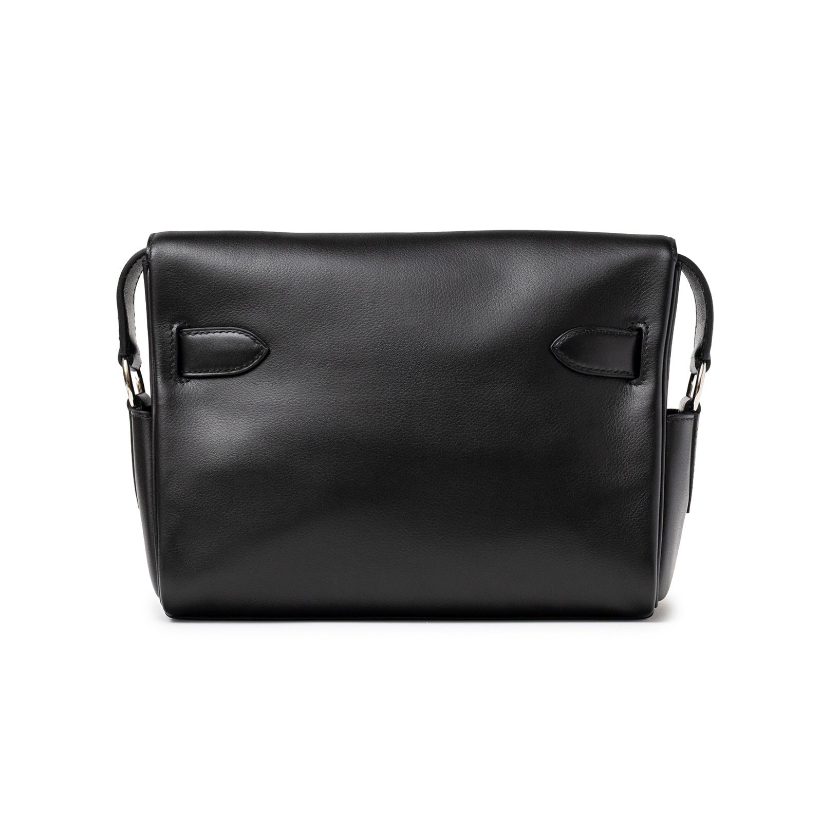 Back view of Hermès Kelly Messenger PM Black Evergrain Palladium Hardware with smooth leather finish