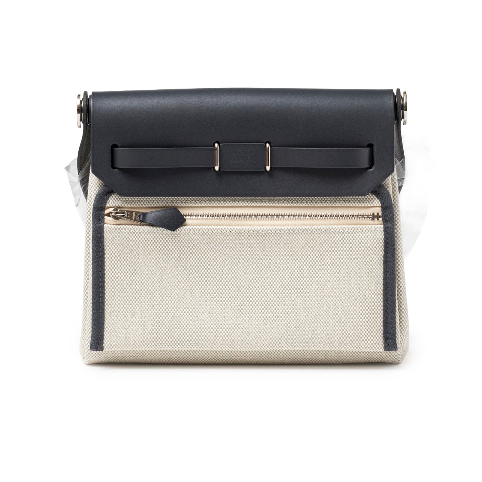 Back view of Hermès Mini Herbag Zip 20 Ecru-Blue Glacier/Ardoise Toile and Vache Hunter Palladium Hardware bag