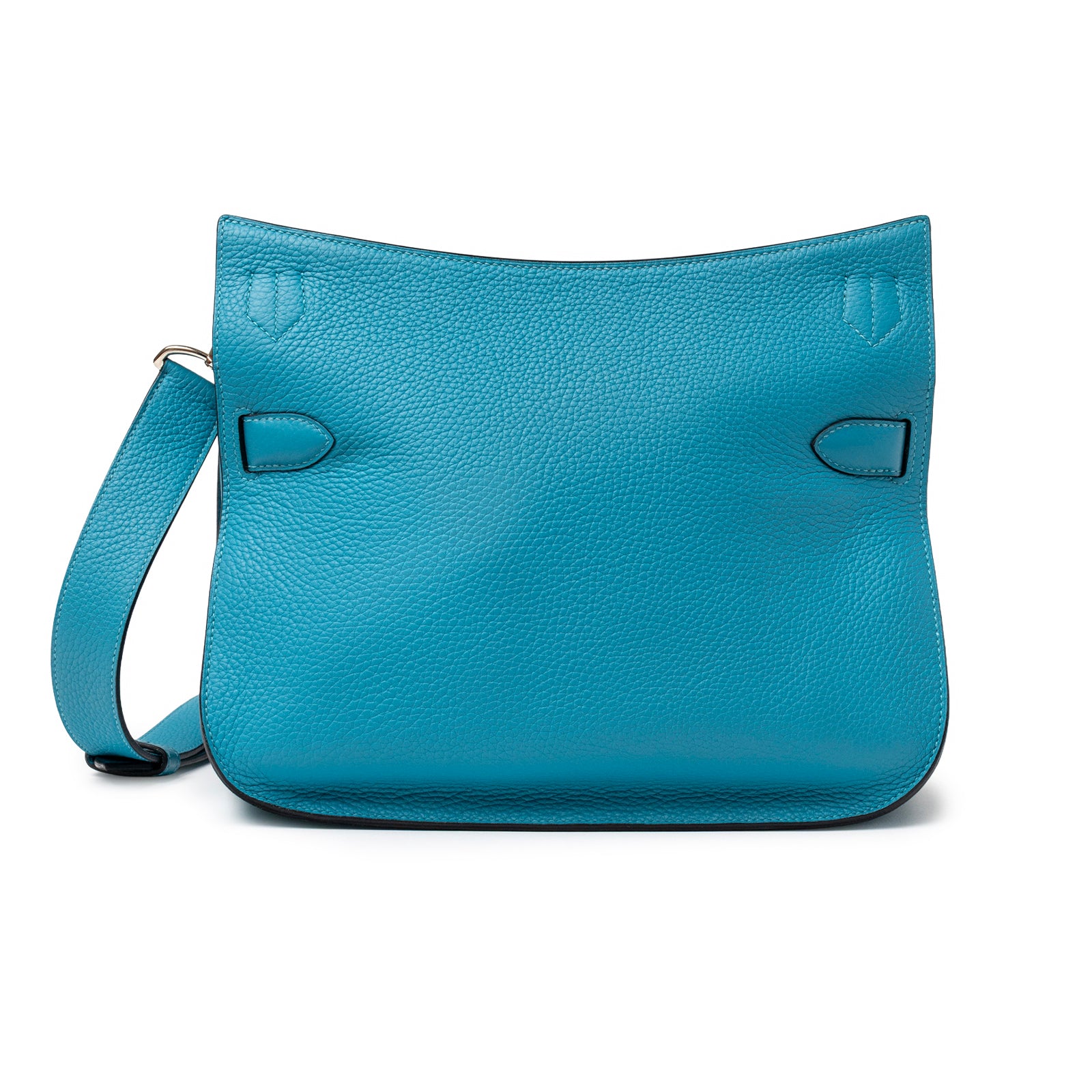 Back view of Hermès Jypsiere 31 Turquoise Clemence Palladium Hardware bag showing smooth leather texture and strap attachment