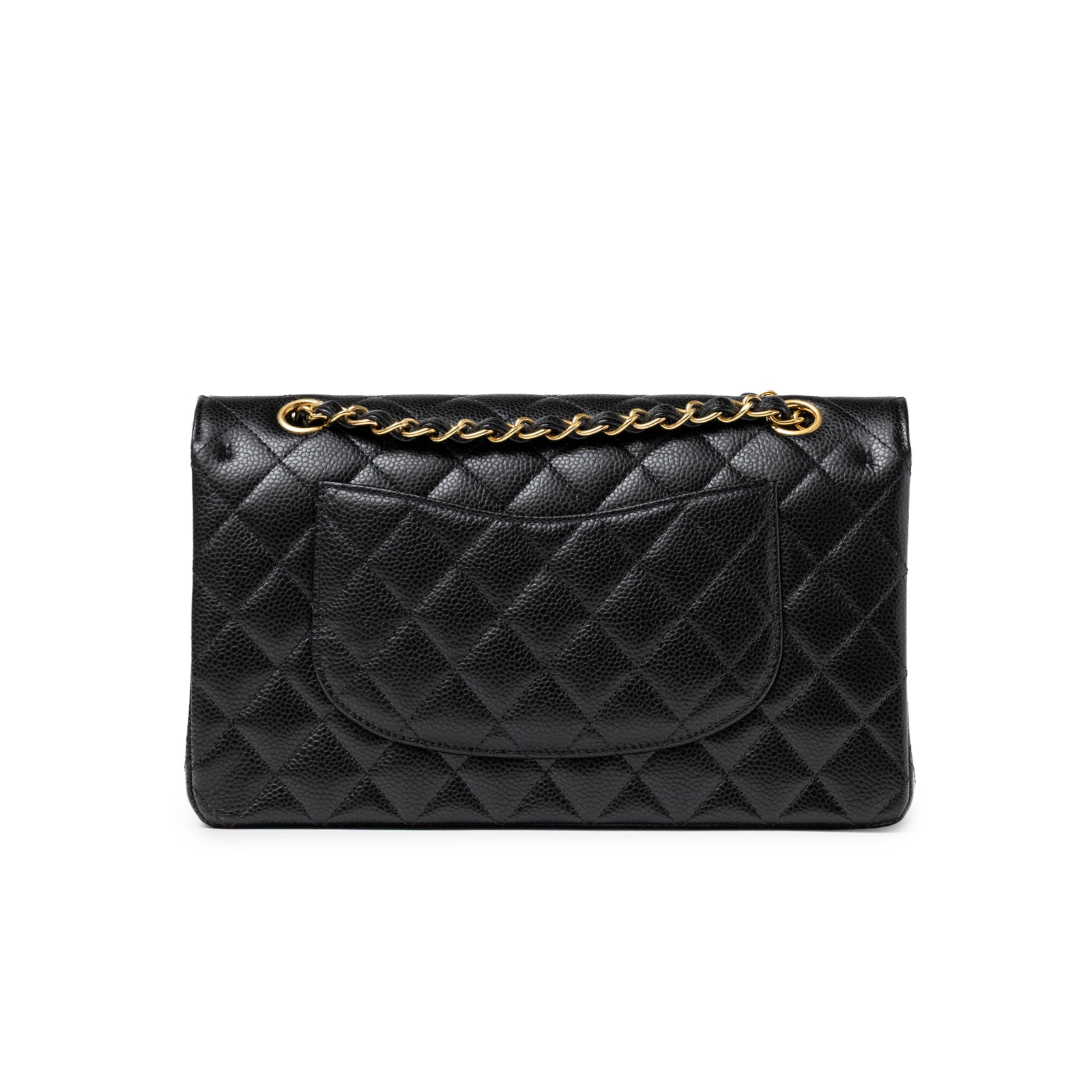 Back view of Chanel Classic Flap Medium Caviar Black Gold Hardware showing quilted leather and chain strap detail