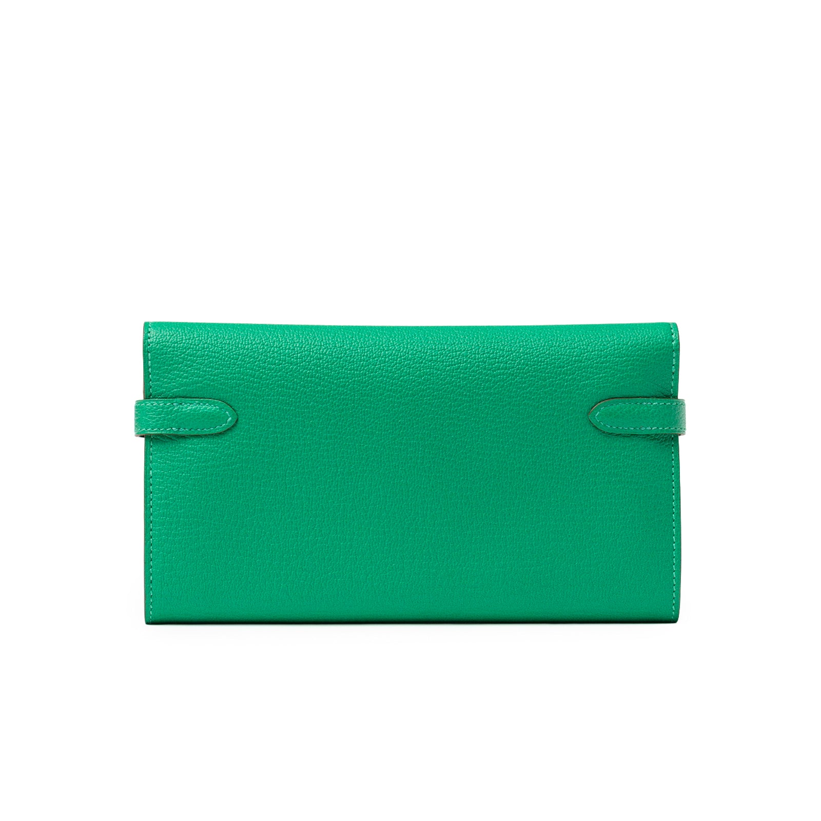 Back view of Hermès Kelly Long Wallet Menthe Chevre Mysore Palladium Hardware in vibrant green leather