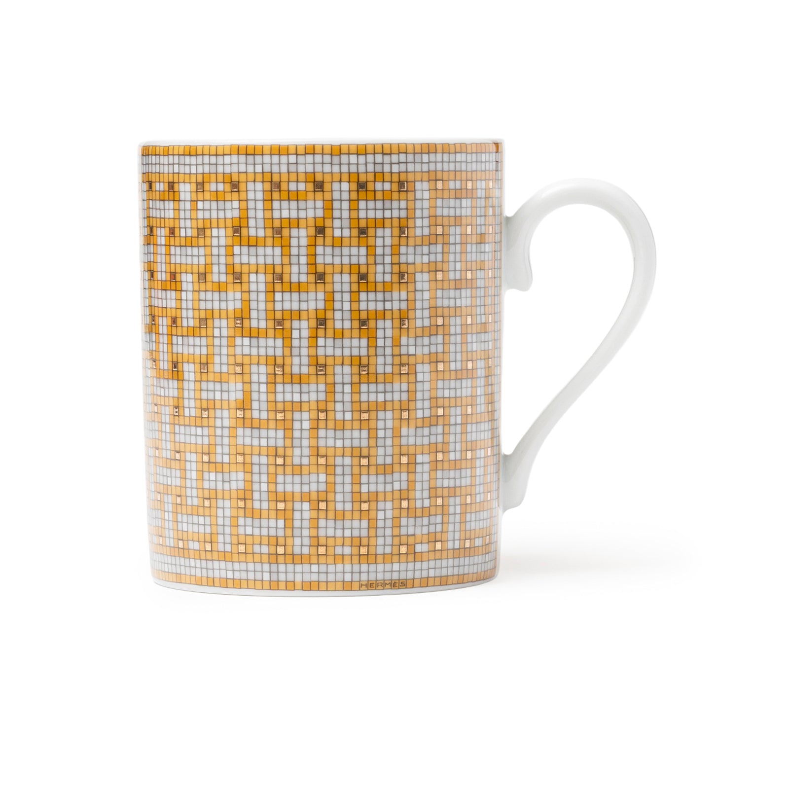 Hermès Mosaique au 24 Gold Mug side view showing intricate golden mosaic pattern and curved handle