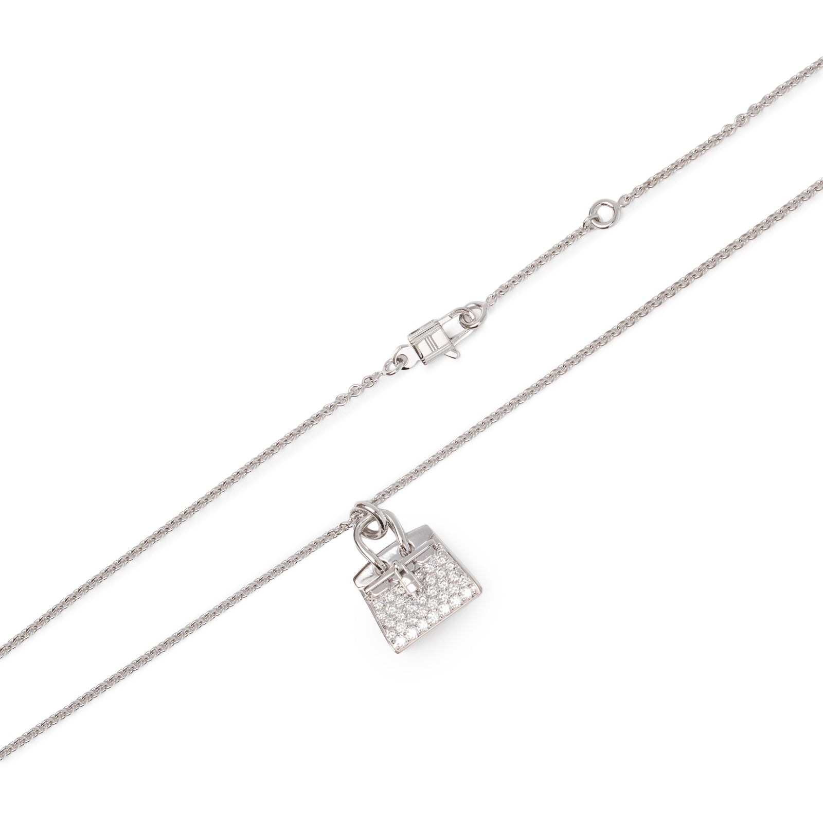 Hermès Amulettes Birkin Pendant Diamonds and 18k White Gold showing clasp and chain detail square image