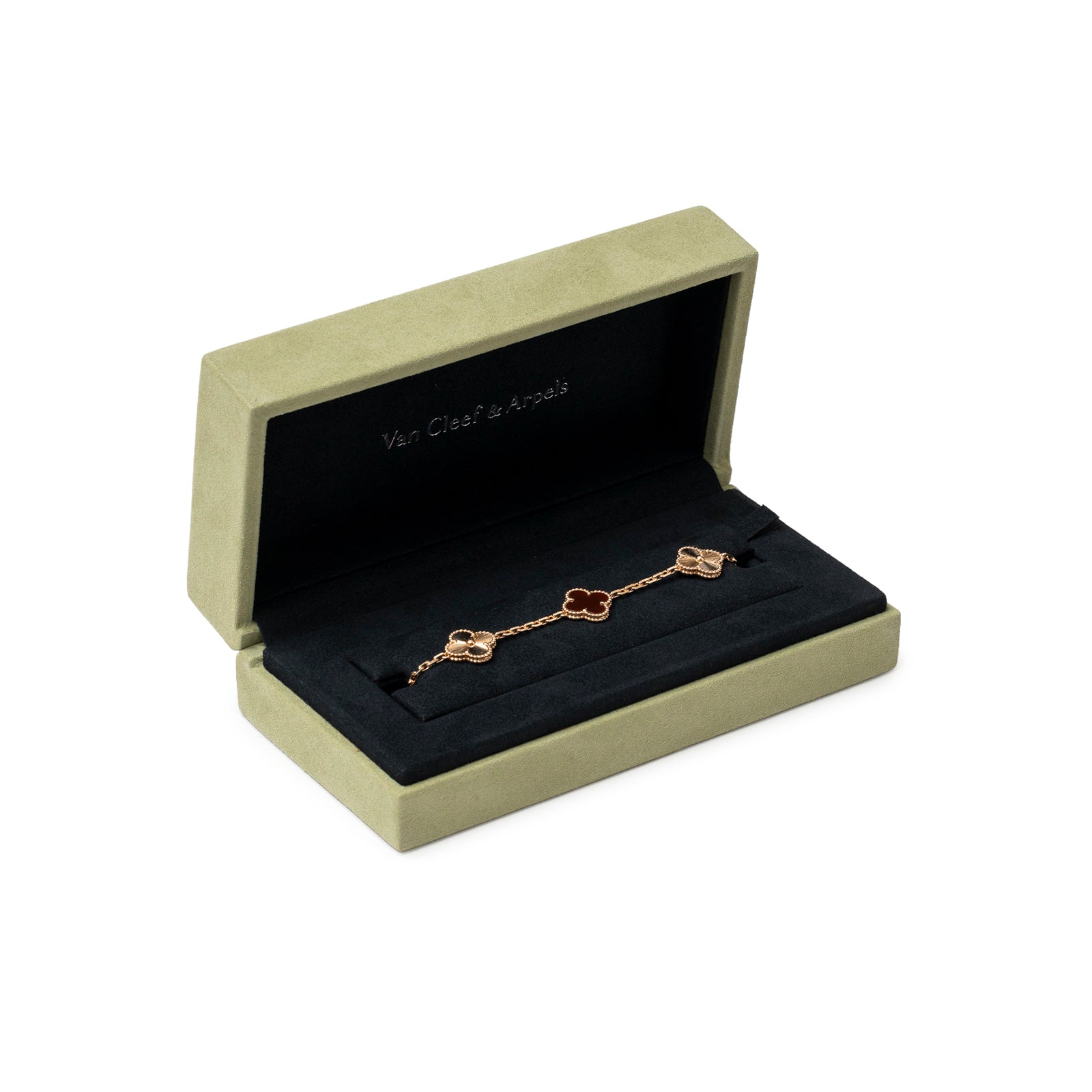 Van Cleef & Arpels Vintage Alhambra 5 Motifs Bracelet 18K Rose Gold Carnelian/Guilloche in box angled view