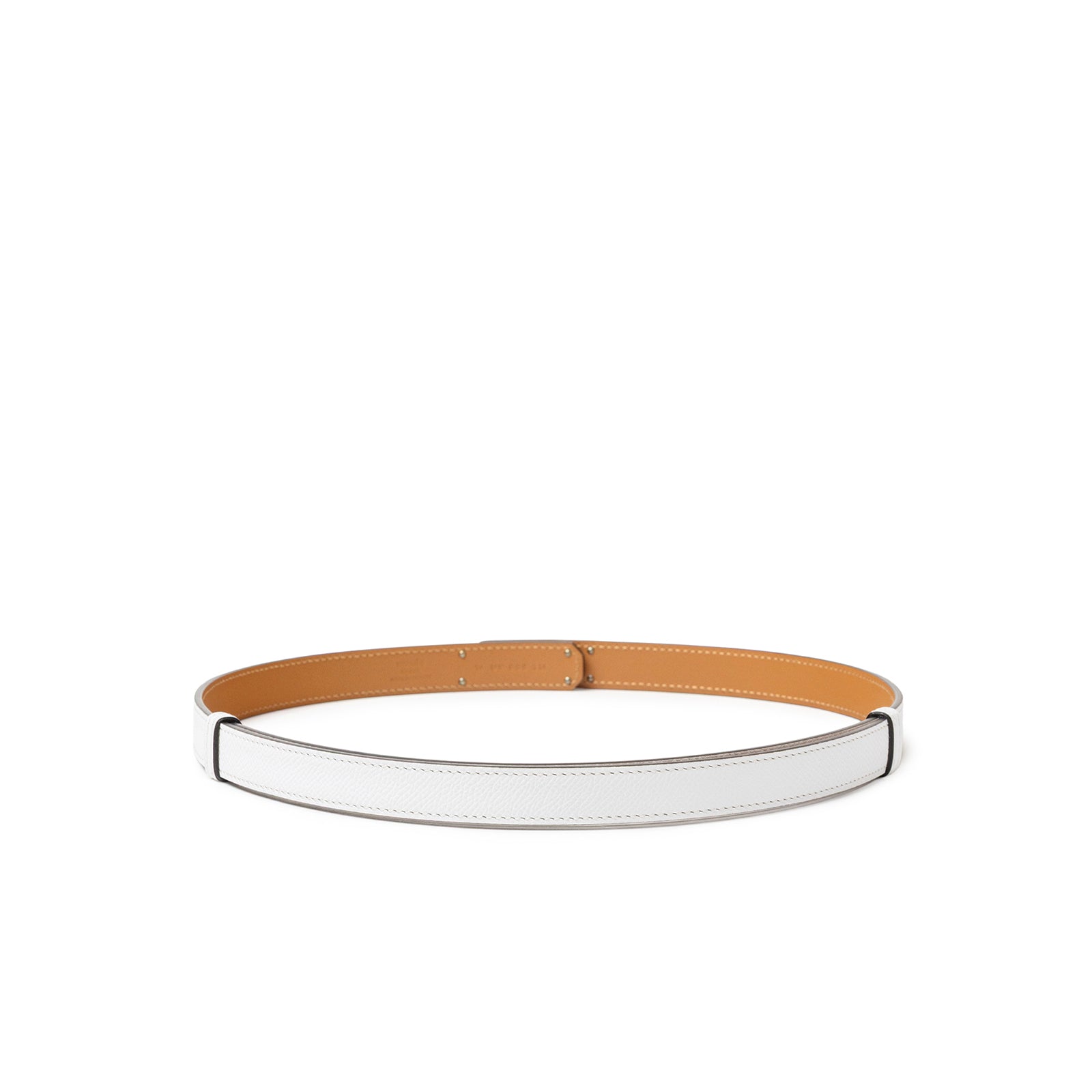 Top-down view of Hermès Kelly 18 Belt Epsom Rose Gold Hardware showing white leather exterior and tan interior