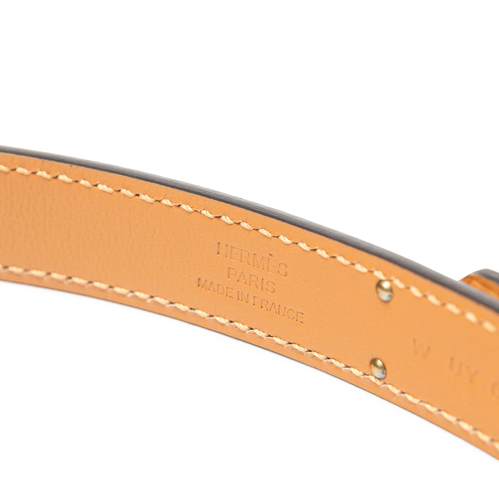 Close-up inside view showing Hermès Kelly 18 Belt Epsom Rose Gold Hardware Paris stamp and stitching detail