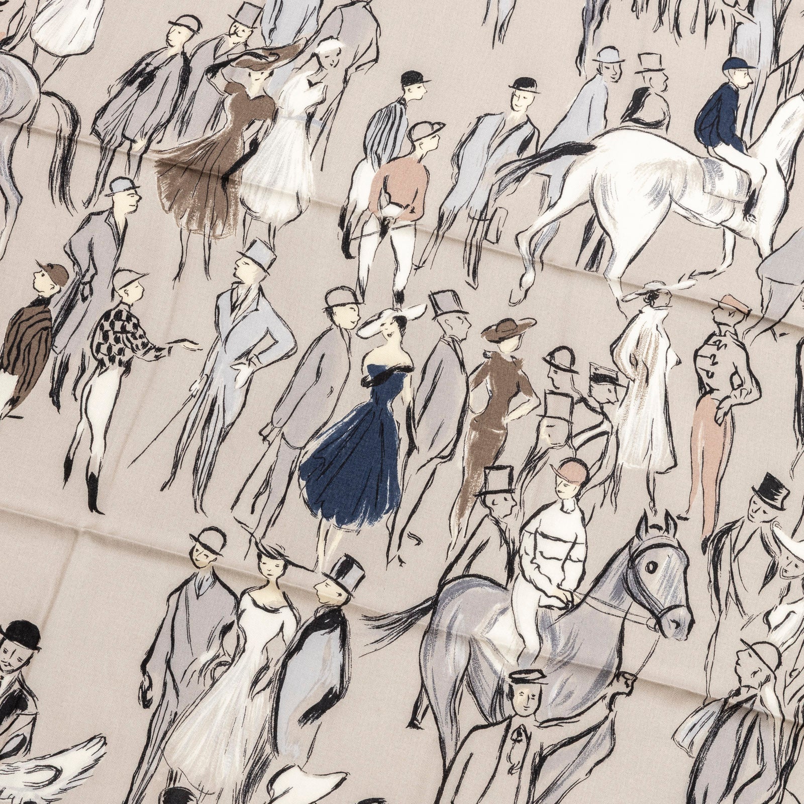 Close-up of detailed equestrian print on Hermès Paddock Shawl 140 Gris Etain/Blue Marine/Nacre fabric square