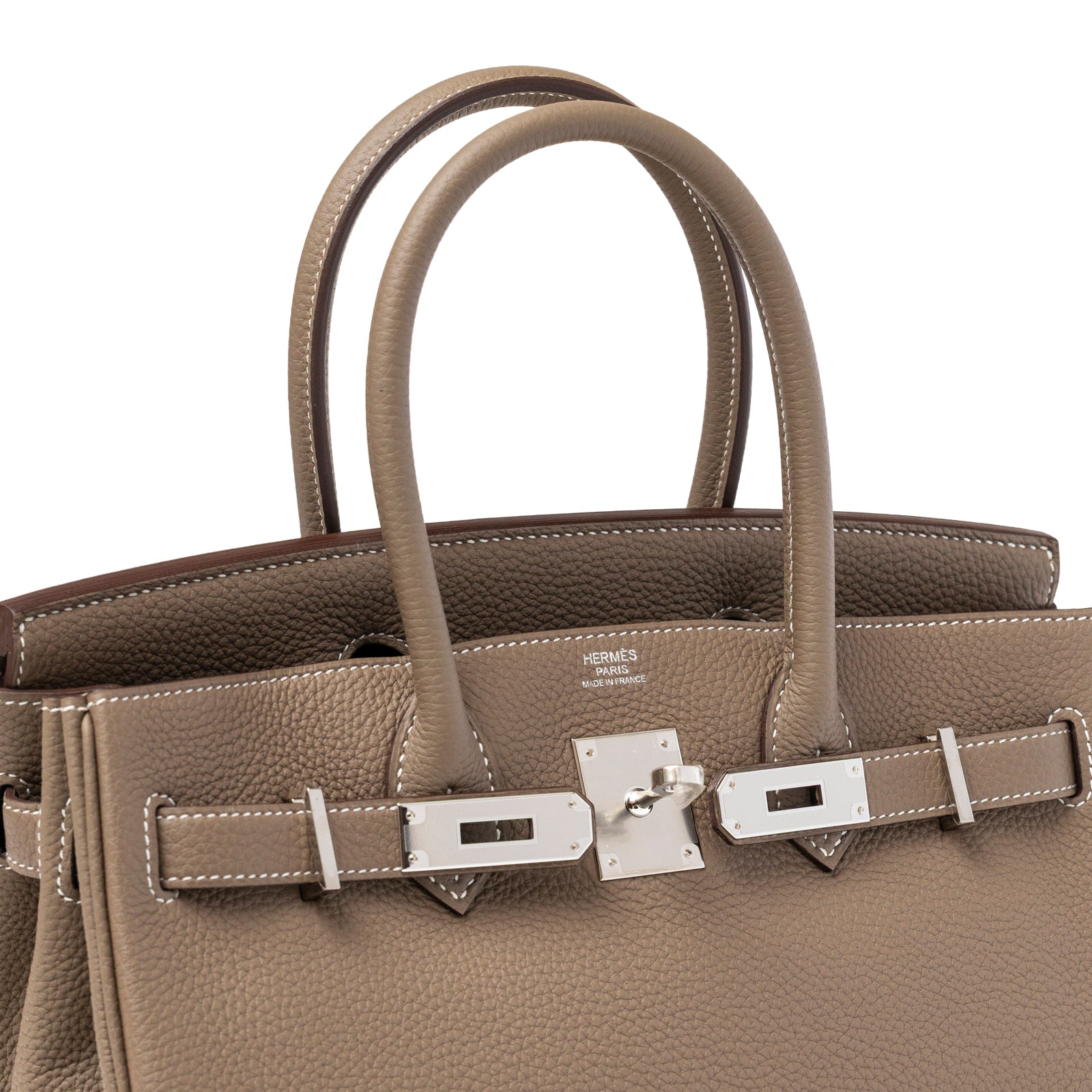 Close-up front view of Hermès Birkin 30 Etoupe Togo Palladium Hardware showcasing leather texture and clasp details