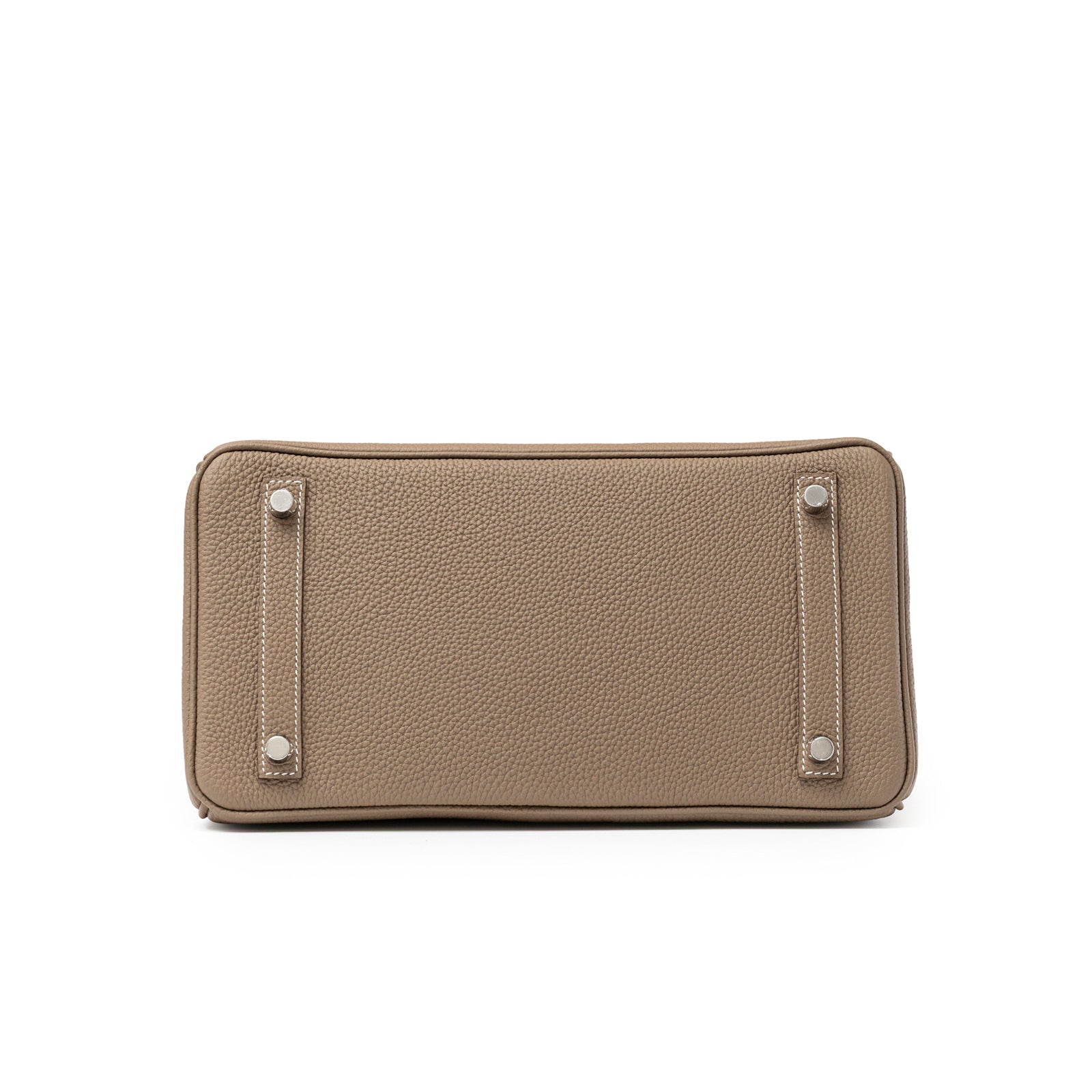 Bottom view of Hermès Birkin 30 Etoupe Togo Palladium Hardware showing leather texture and four metal feet