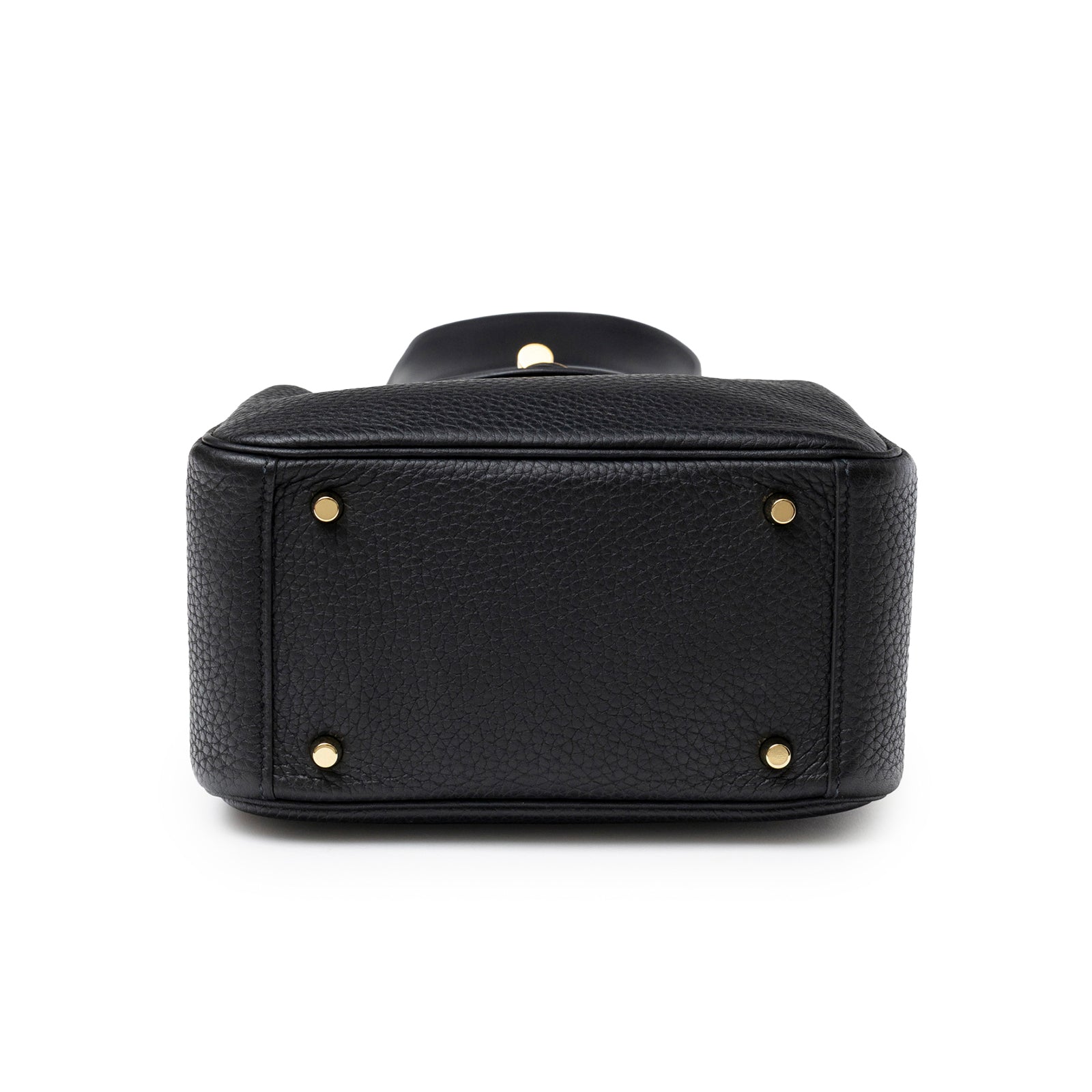Bottom view of Hermès Mini Lindy I Black Clemence Gold Hardware showing leather texture and gold feet details