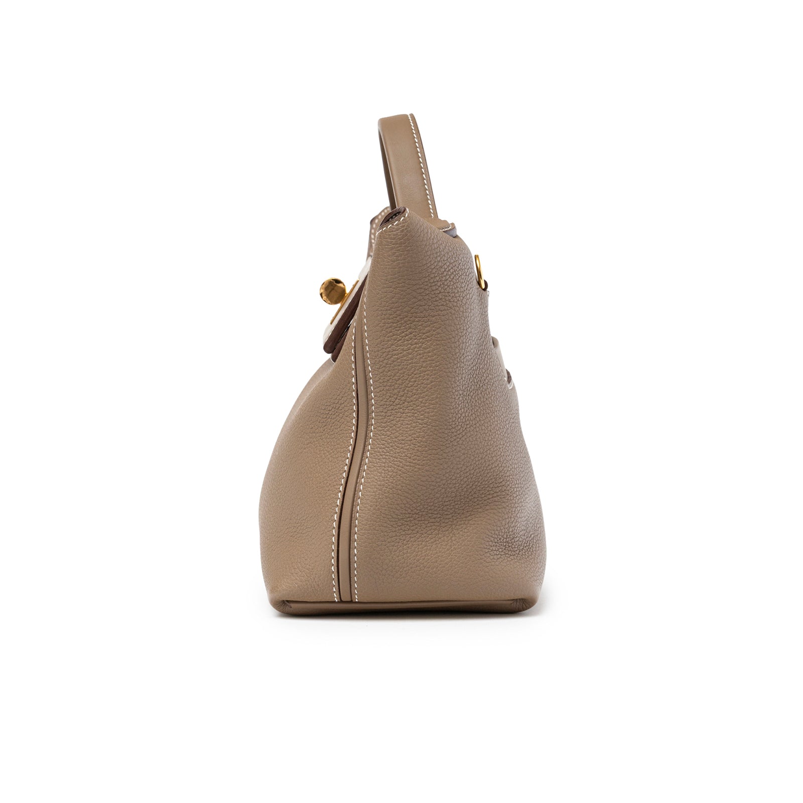 Side view of Hermès 24/24 29 Etoupe Togo and Swift Gold Hardware handbag showing texture and stitching details