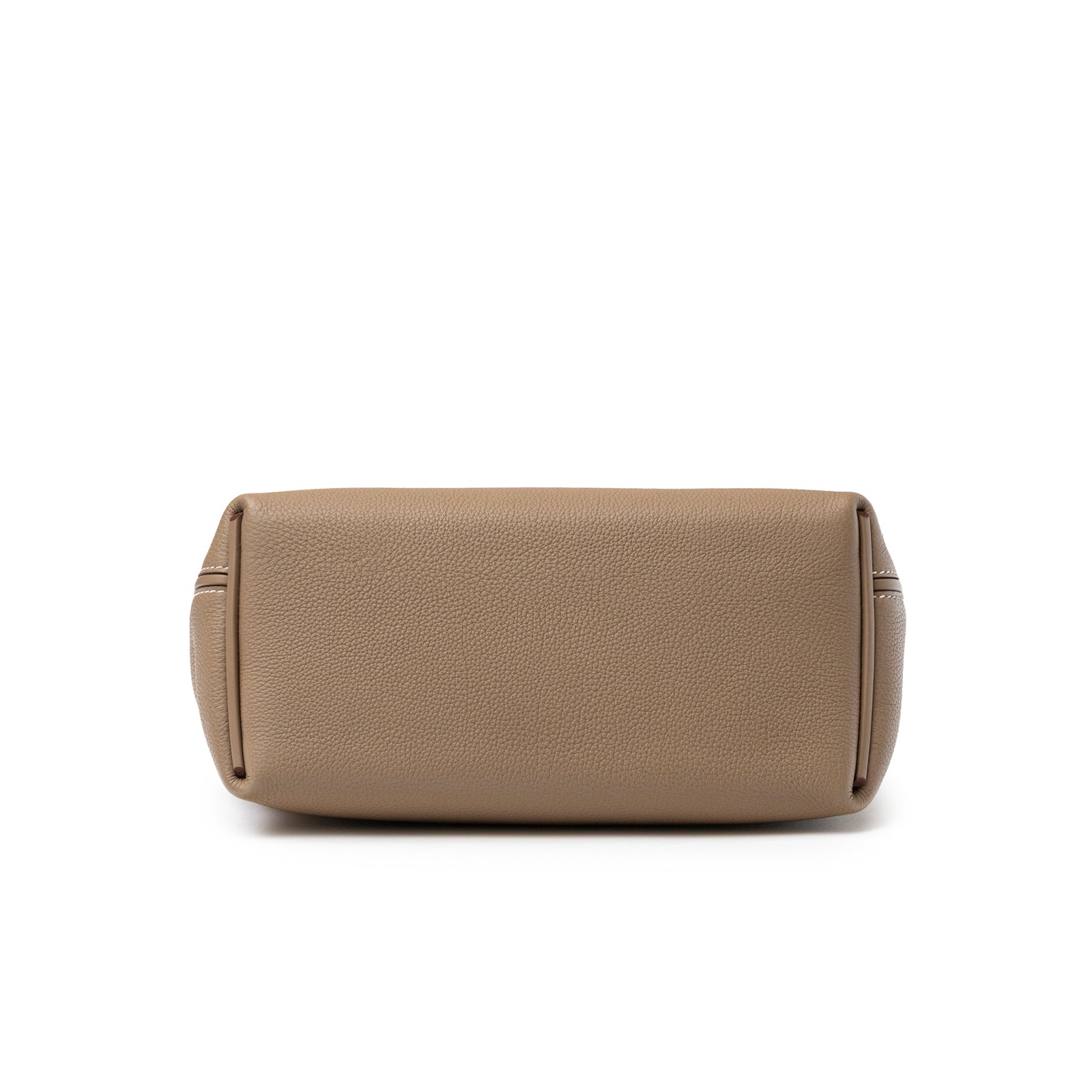 Bottom view of Hermès 24/24 29 Etoupe Togo and Swift Gold Hardware showing structured base and stitching.