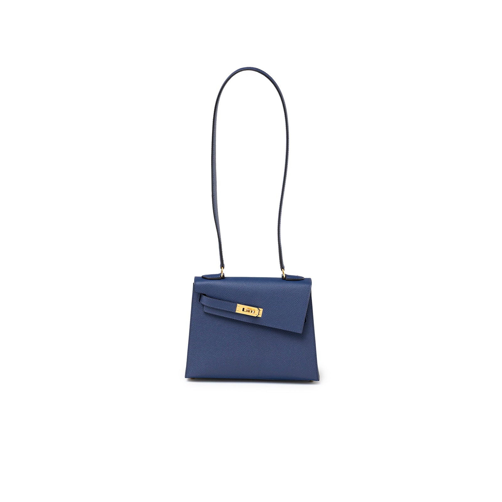 Back view of Hermès Kelly Desordre 20 Sellier Blue Saphir Epsom Gold Hardware with long strap on white background