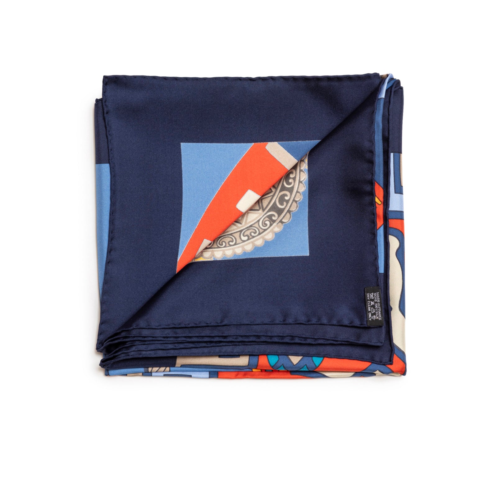 Folded Hermès Carre 90 Huaca Piru 2 Silk Scarf Blue Marine Orange Rouge in square orientation, gallery 3 view