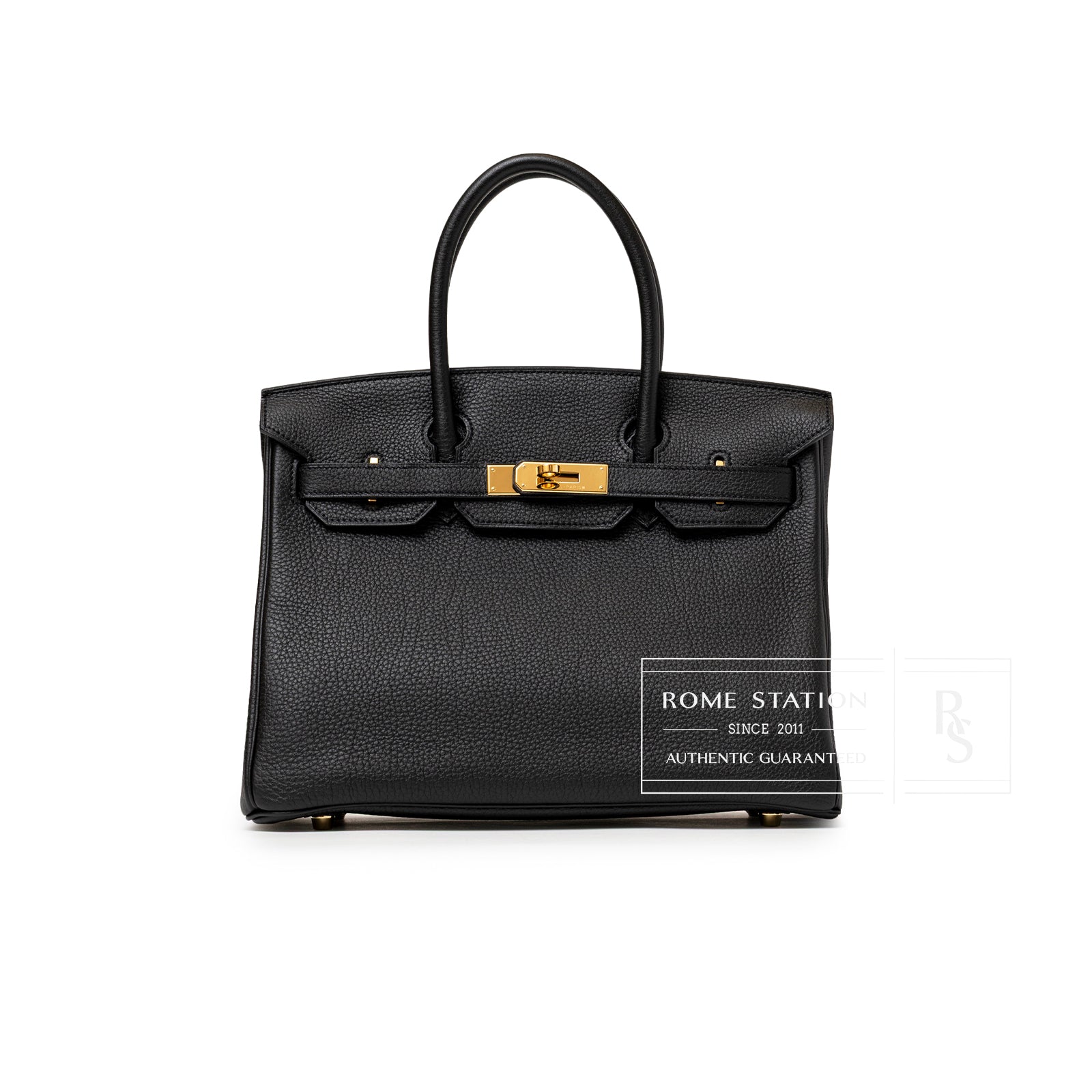 Hermès Birkin 30 Black Togo Gold Hardware with textured leather and elegant gold-tone clasp handles displayed on white background