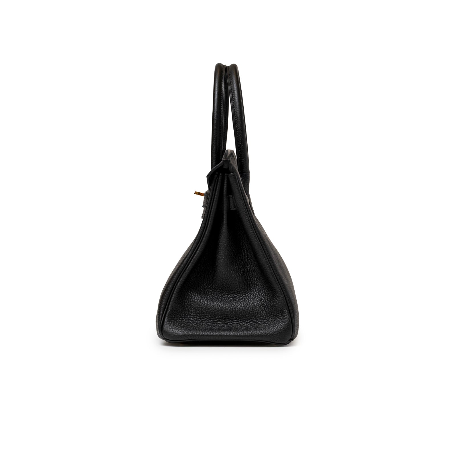 Side view of elegant Hermès Birkin 30 Black Togo Gold Hardware handbag showcasing textured leather and structured handles.