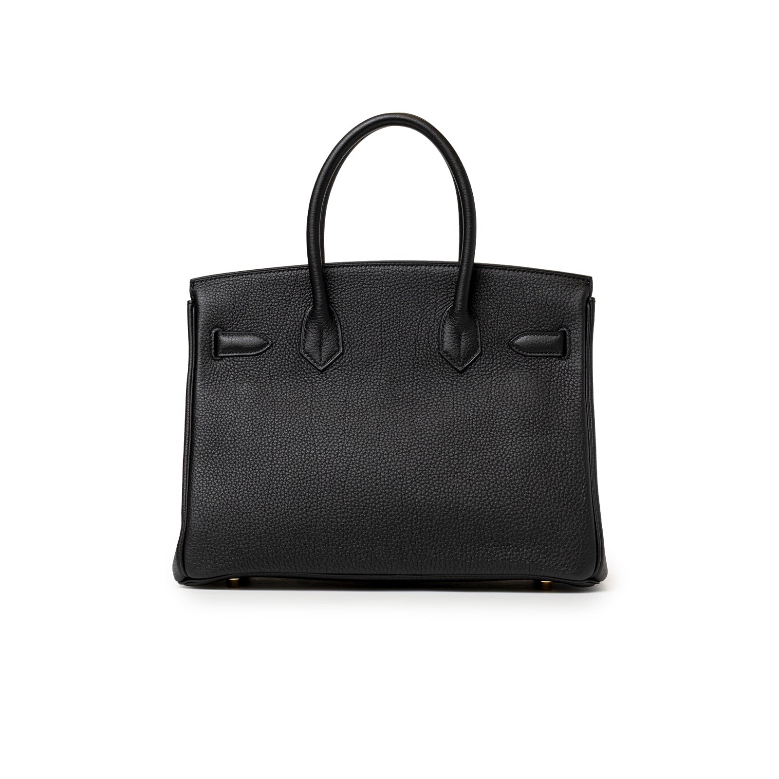 The back of Hermès Birkin 30 Black Togo Gold Hardware luxury handbag with structured silhouette and elegant black leather finish
