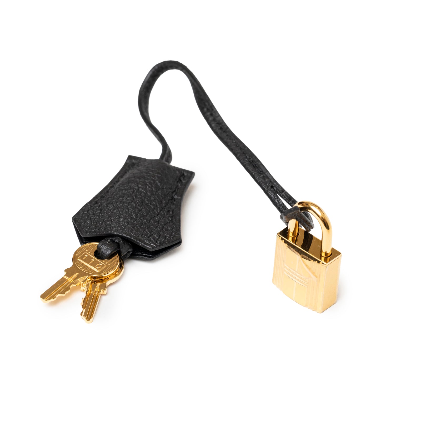 Leather key holder with two gold keys and a gold padlock attached, for Hermès Birkin 30 Black Togo Gold Hardware