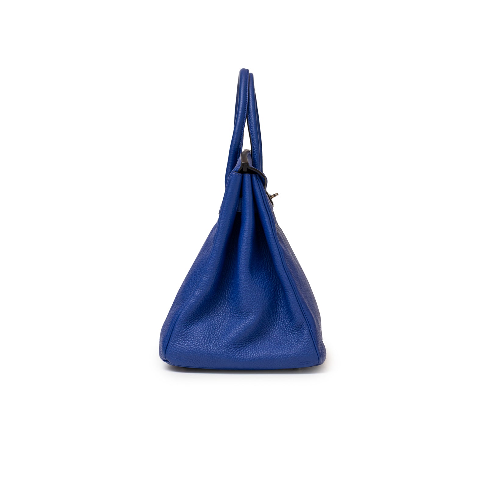 Hermès Birkin 35 Blue Electric Togo Palladium Hardware luxury handbag shown from a side angle displaying textured leather and handles