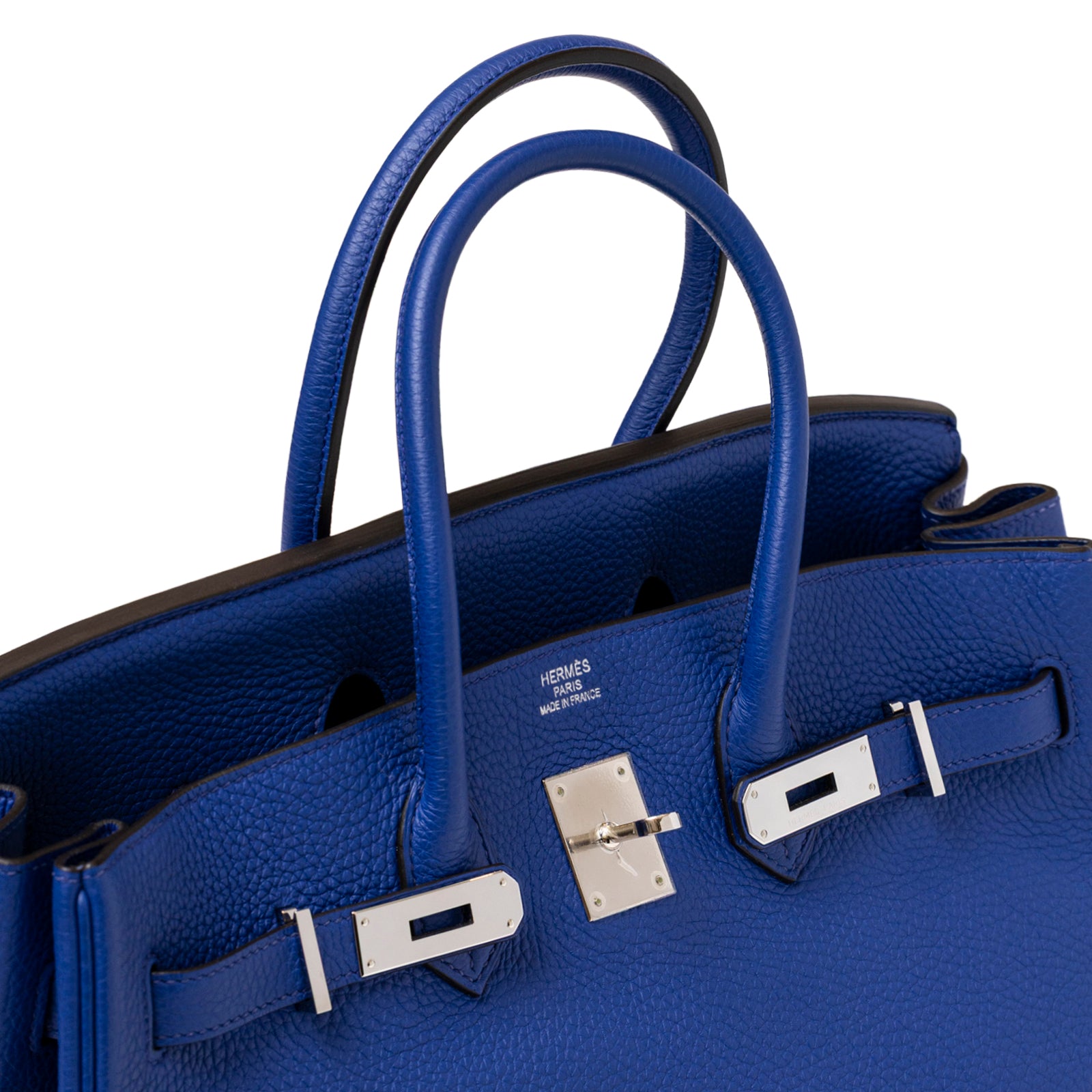 Close-up view of the Hermès Birkin 35 Blue Electric Togo Palladium Hardware handbag highlighting its textured leather and polished hardware details