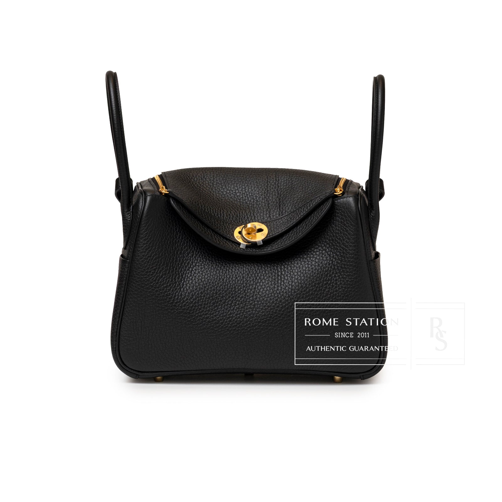Hermès Lindy 26 Black Clemence Gold Hardware handbag with grainy leather texture and elegant gold-tone clasp closure