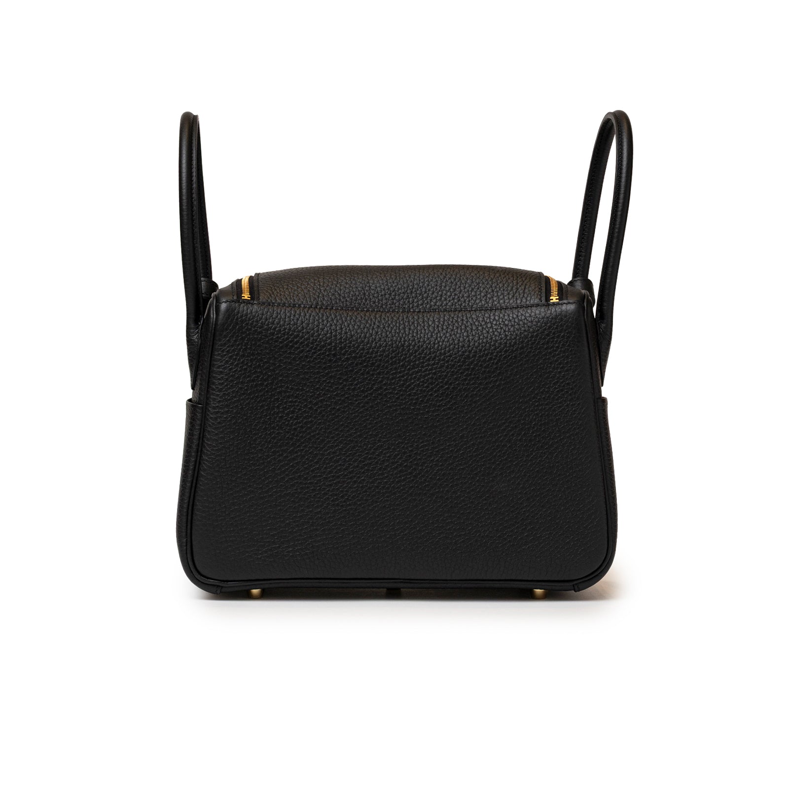 Back view of elegant Hermès Lindy 26 Black Clemence Gold Hardware bag showcasing smooth black leather and structured silhouette.