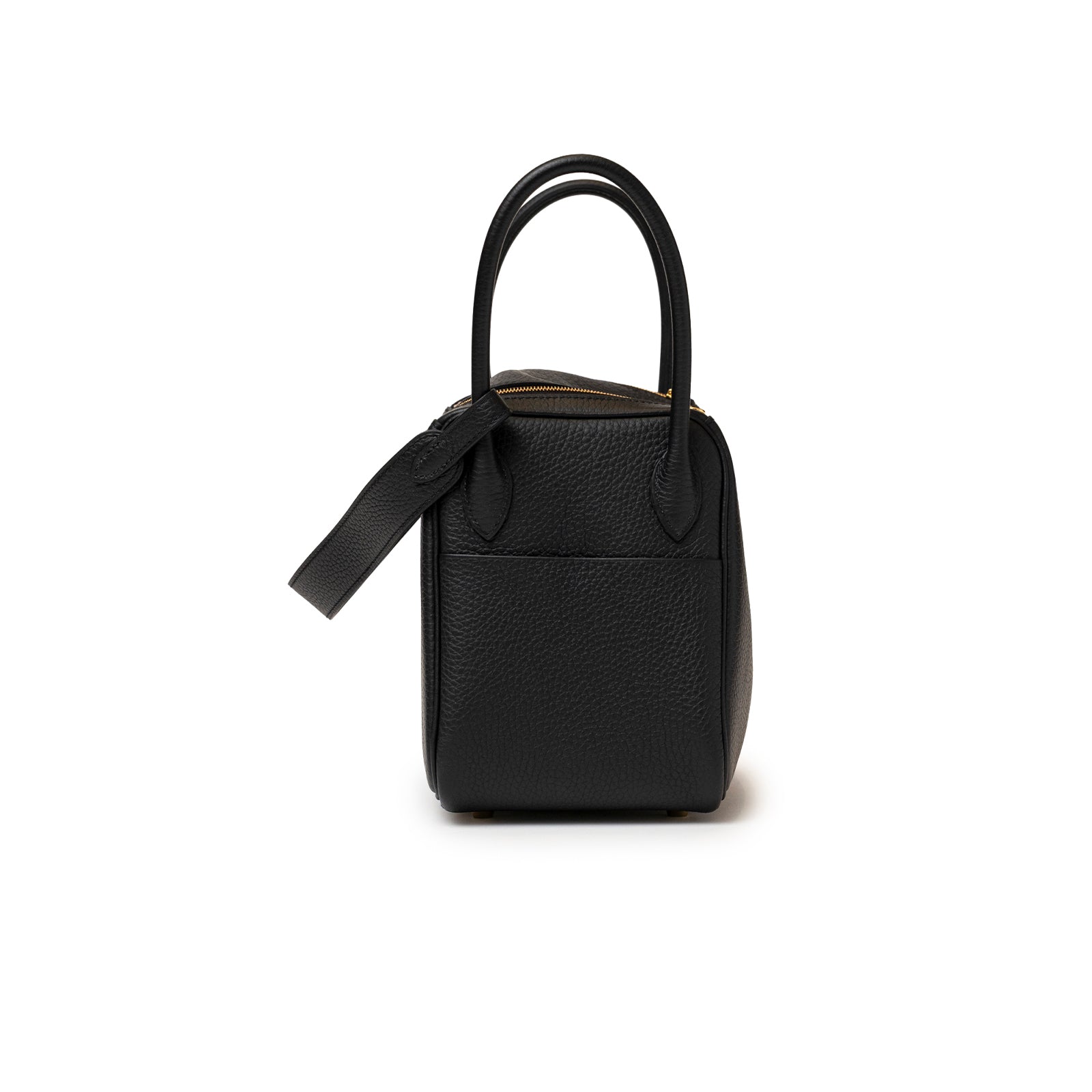 Side view of a sophisticated Hermès Lindy 26 Black Clemence Gold Hardware handbag showcasing its textured leather and elegant handle design.