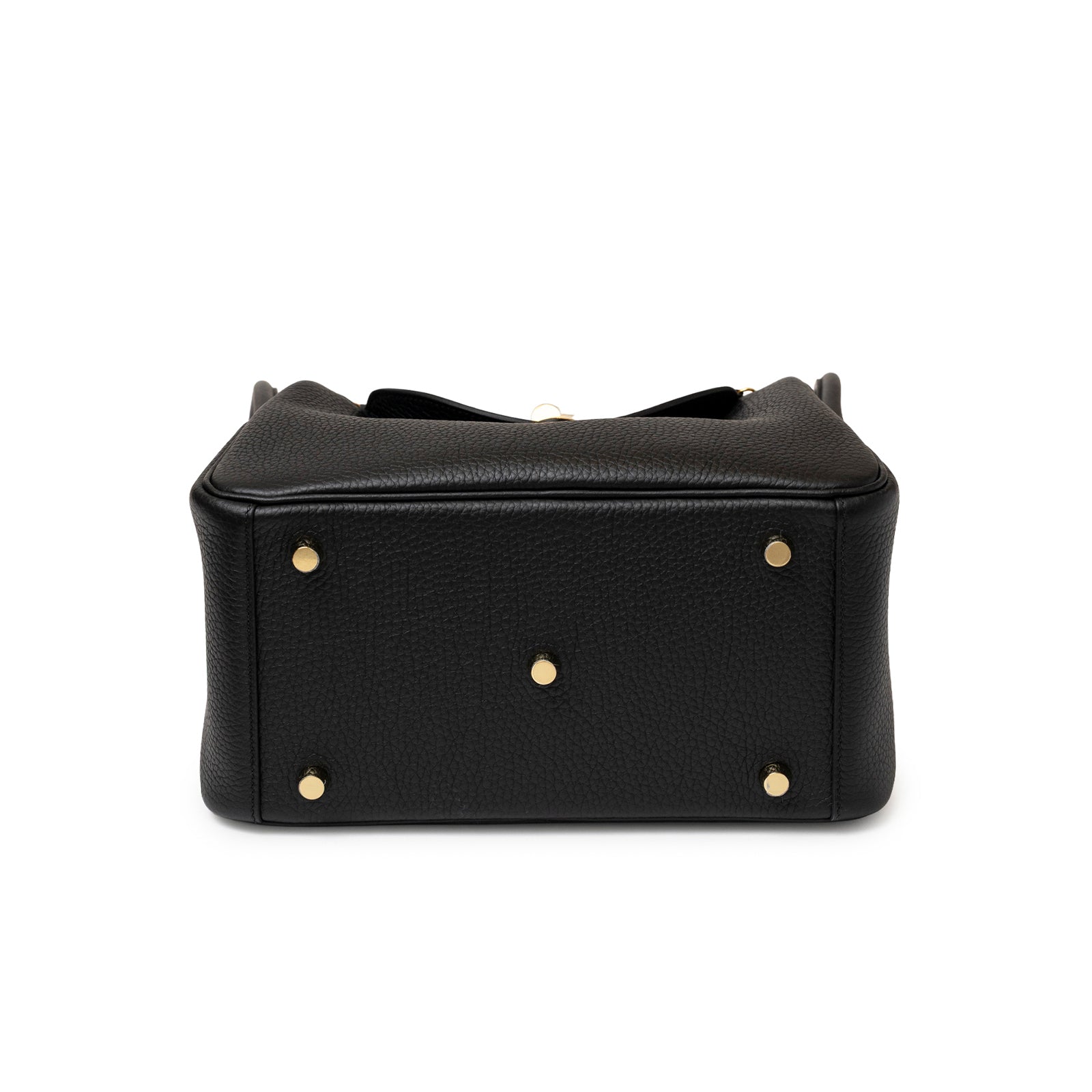 Bottom view showing black Clemence leather and gold hardware feet of Hermès Lindy 26 Black Clemence Gold Hardware bag