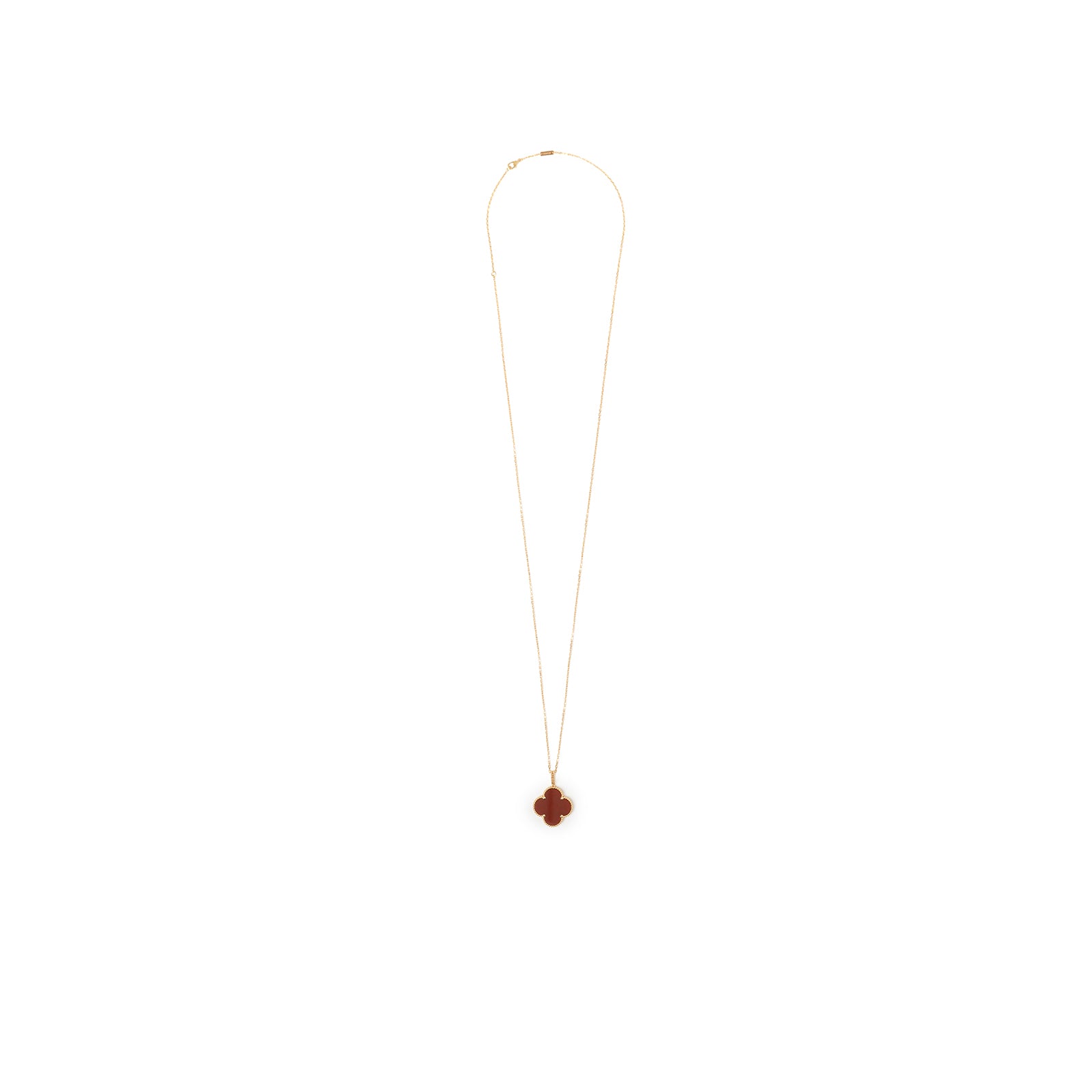 Front view of Van Cleef & Arpels Magic Alhambra 1 Motif Long Necklace 18K Yellow Gold Carnelian with clover pendant