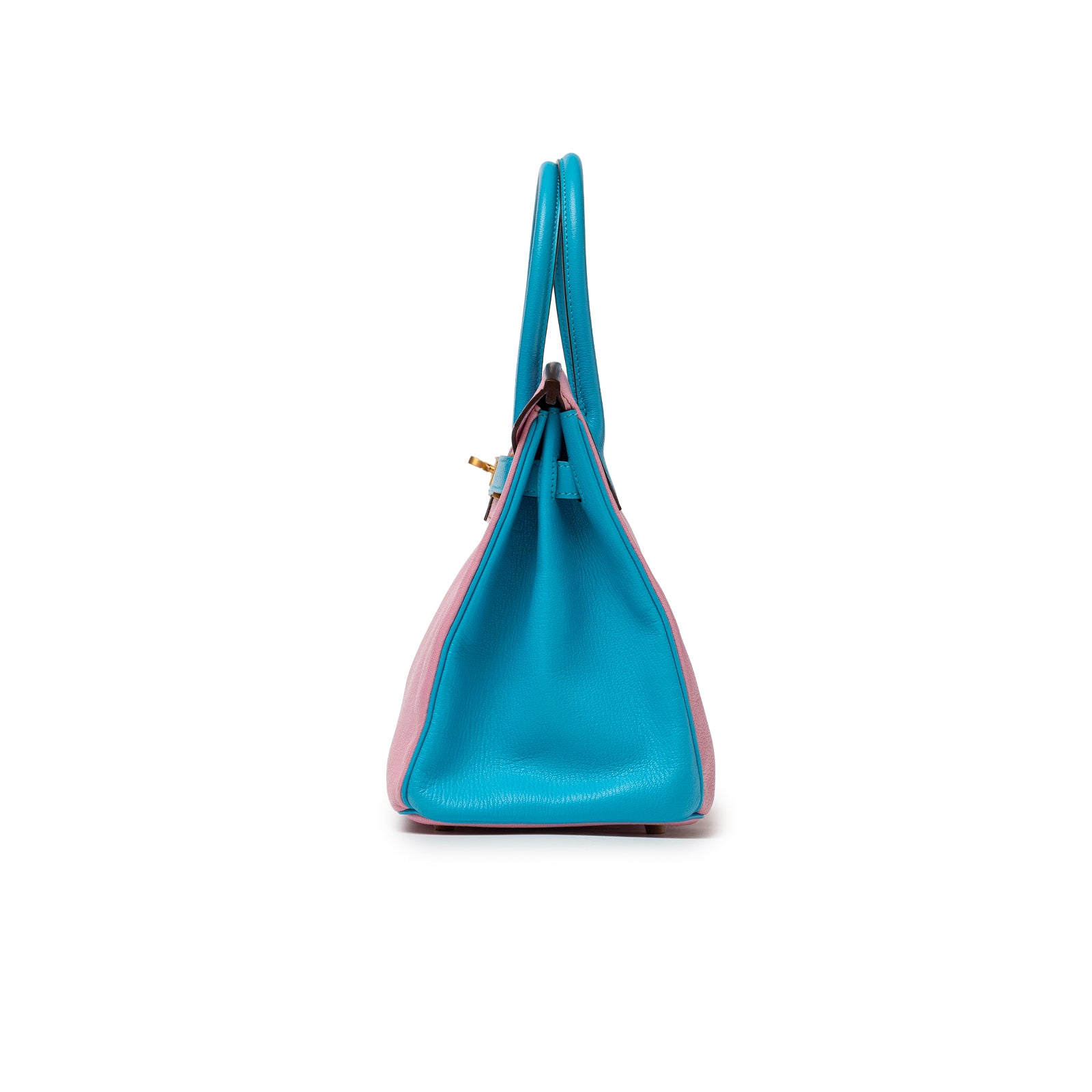 Side view of Hermès Special Order HSS Horseshoe Birkin 30 Bubble Gum Pink Celeste Chevre Mysore Brushed Gold Hardware