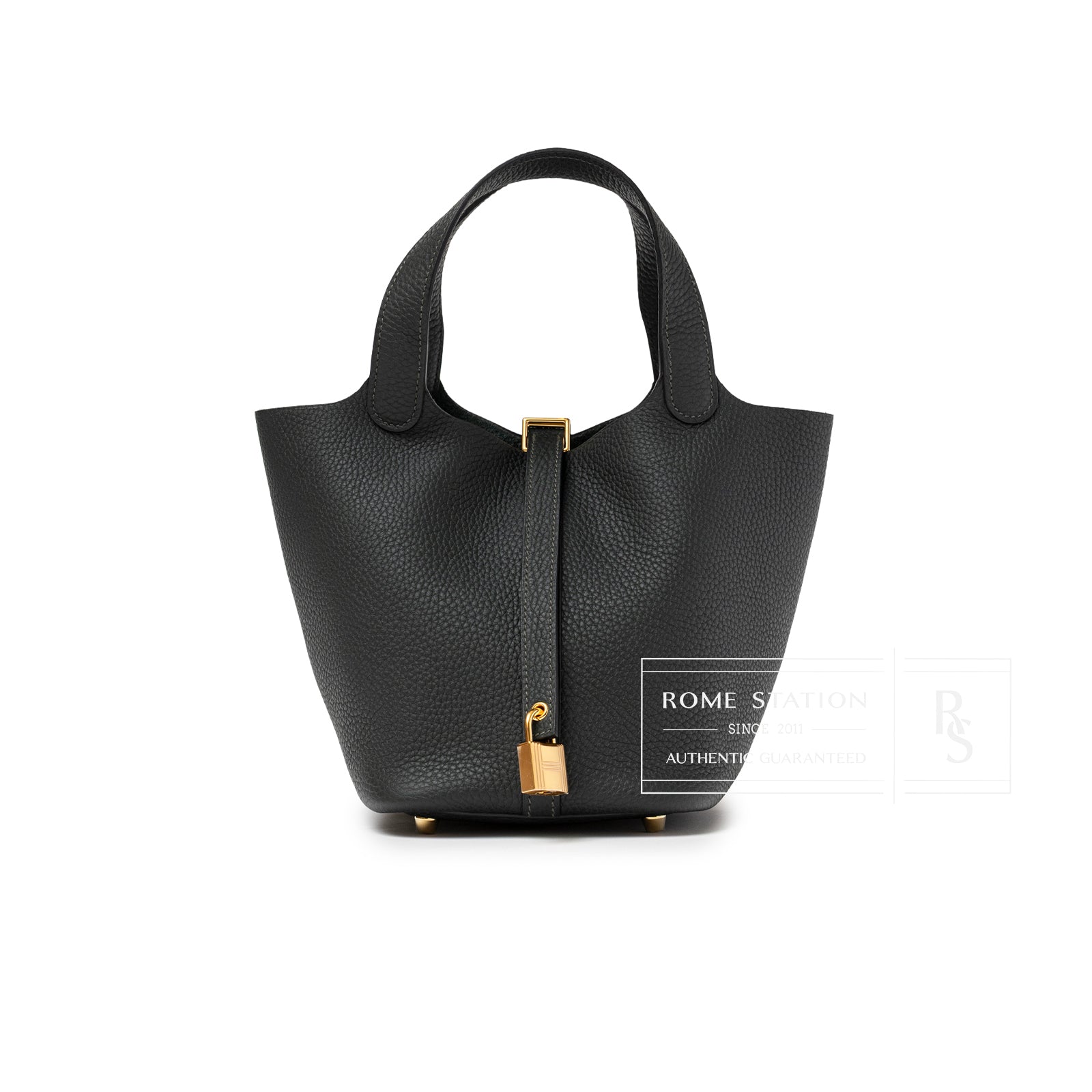 Front view of Hermès Picotin 18 Vert Fonce Clemence Gold Hardware tote bag with lock detail