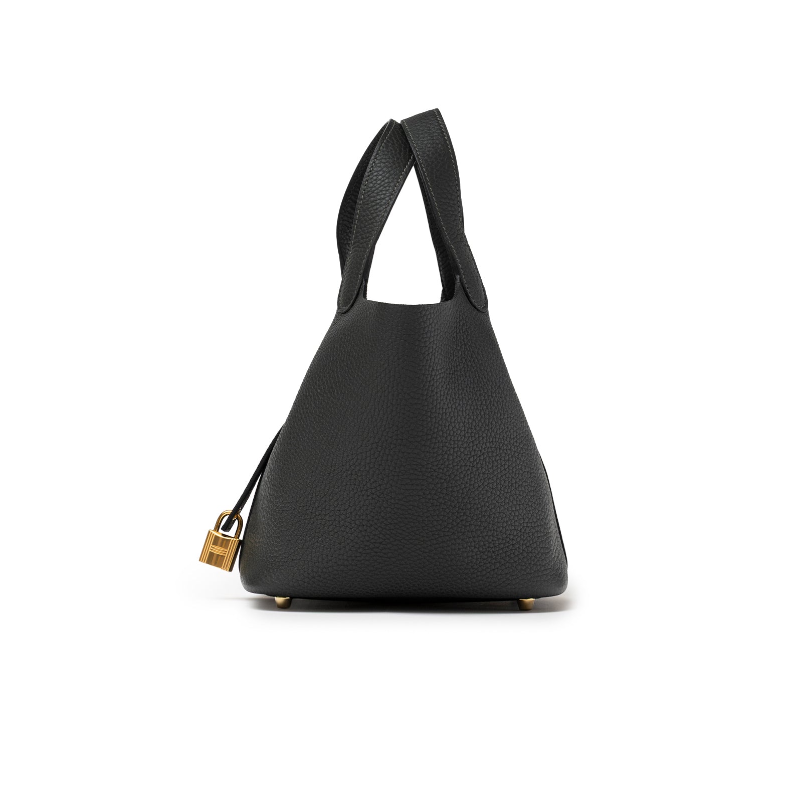 Side view of Hermès Picotin 18 Vert Fonce Clemence Gold Hardware with grained leather and gold lock detail